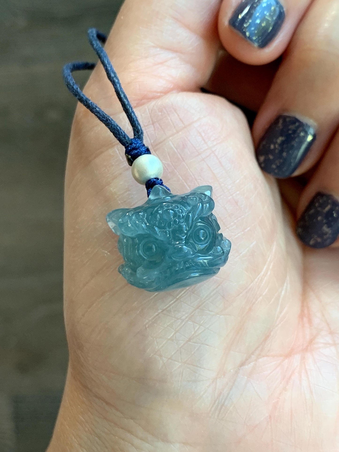 Natural Grade A Guatemalan Icy Highly Translucent Gelatinous Blue Jadeite Dancing Lion Pendant Rope Necklace 26” 8g 天然老种冰胶危蓝翡翠醒狮吊坠 WXS98