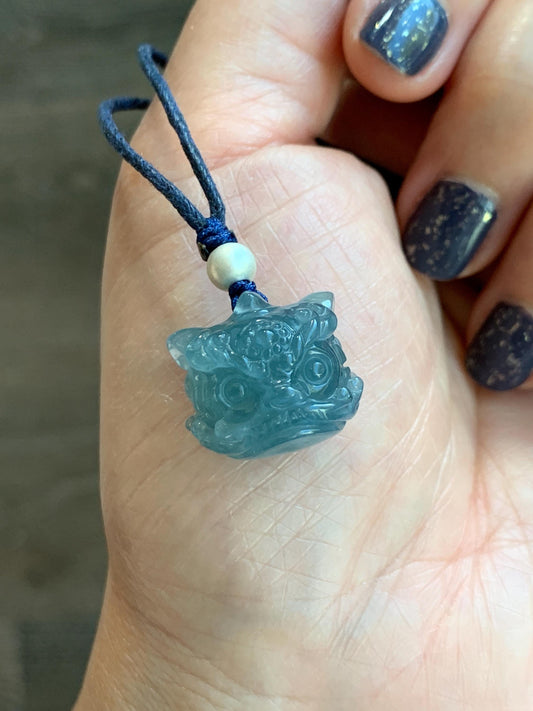 Natural Grade A Guatemalan Icy Highly Translucent Gelatinous Blue Jadeite Dancing Lion Pendant Rope Necklace 26” 8g 天然老种冰胶危蓝翡翠醒狮吊坠 WXS98