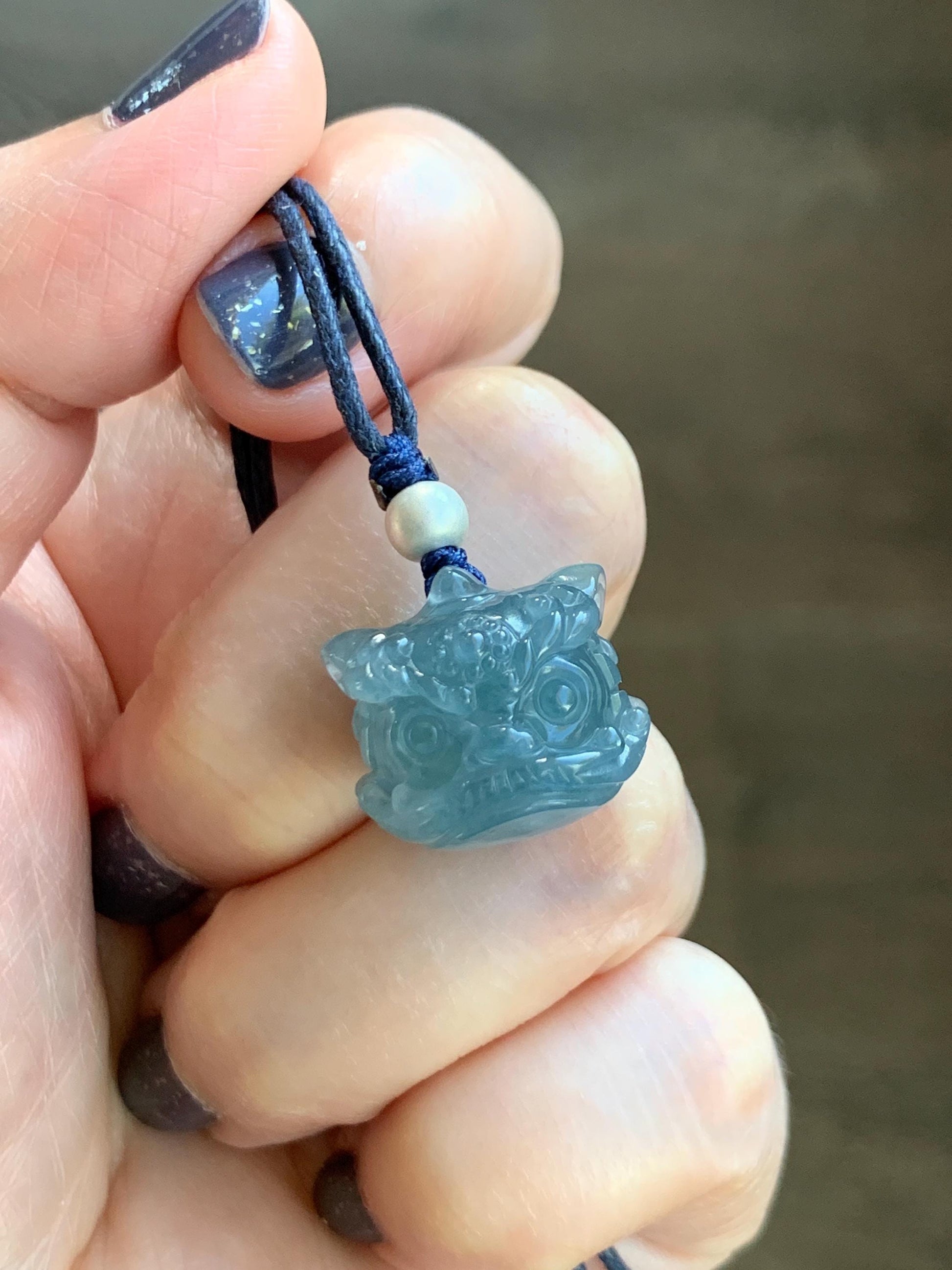 Natural Grade A Guatemalan Icy Highly Translucent Gelatinous Blue Jadeite Dancing Lion Pendant Rope Necklace 26” 8g 天然老种冰胶危蓝翡翠醒狮吊坠 WXS98