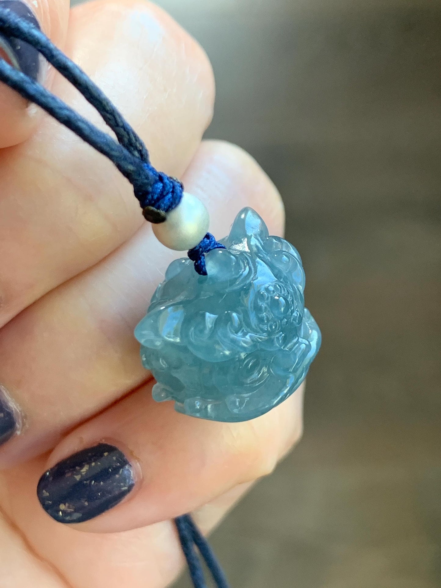 Natural Grade A Guatemalan Icy Highly Translucent Gelatinous Blue Jadeite Dancing Lion Pendant Rope Necklace 26” 8g 天然老种冰胶危蓝翡翠醒狮吊坠 WXS98