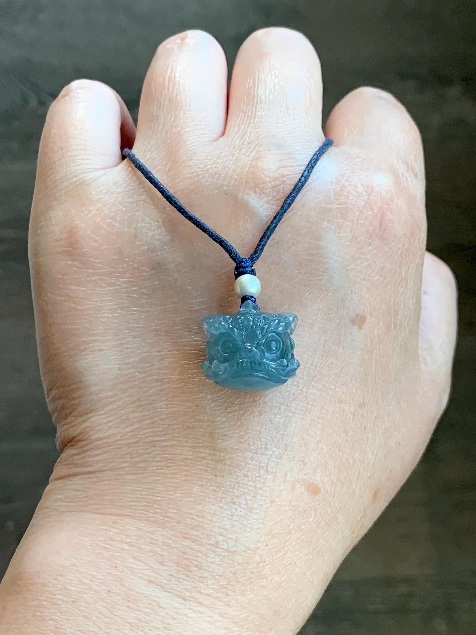 Natural Grade A Guatemalan Icy Highly Translucent Gelatinous Blue Jadeite Dancing Lion Pendant Rope Necklace 26” 8g 天然老种冰胶危蓝翡翠醒狮吊坠 WXS98