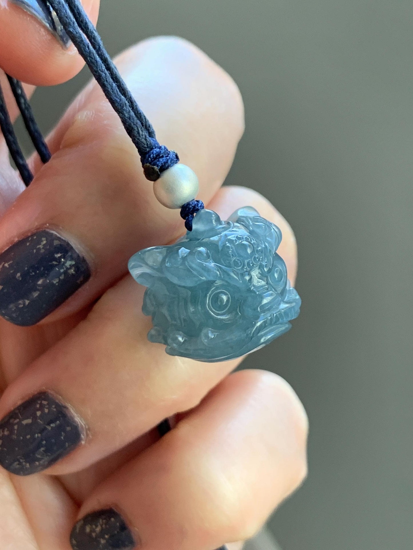 Natural Grade A Guatemalan Icy Highly Translucent Gelatinous Blue Jadeite Dancing Lion Pendant Rope Necklace 26” 8g 天然老种冰胶危蓝翡翠醒狮吊坠 WXS98
