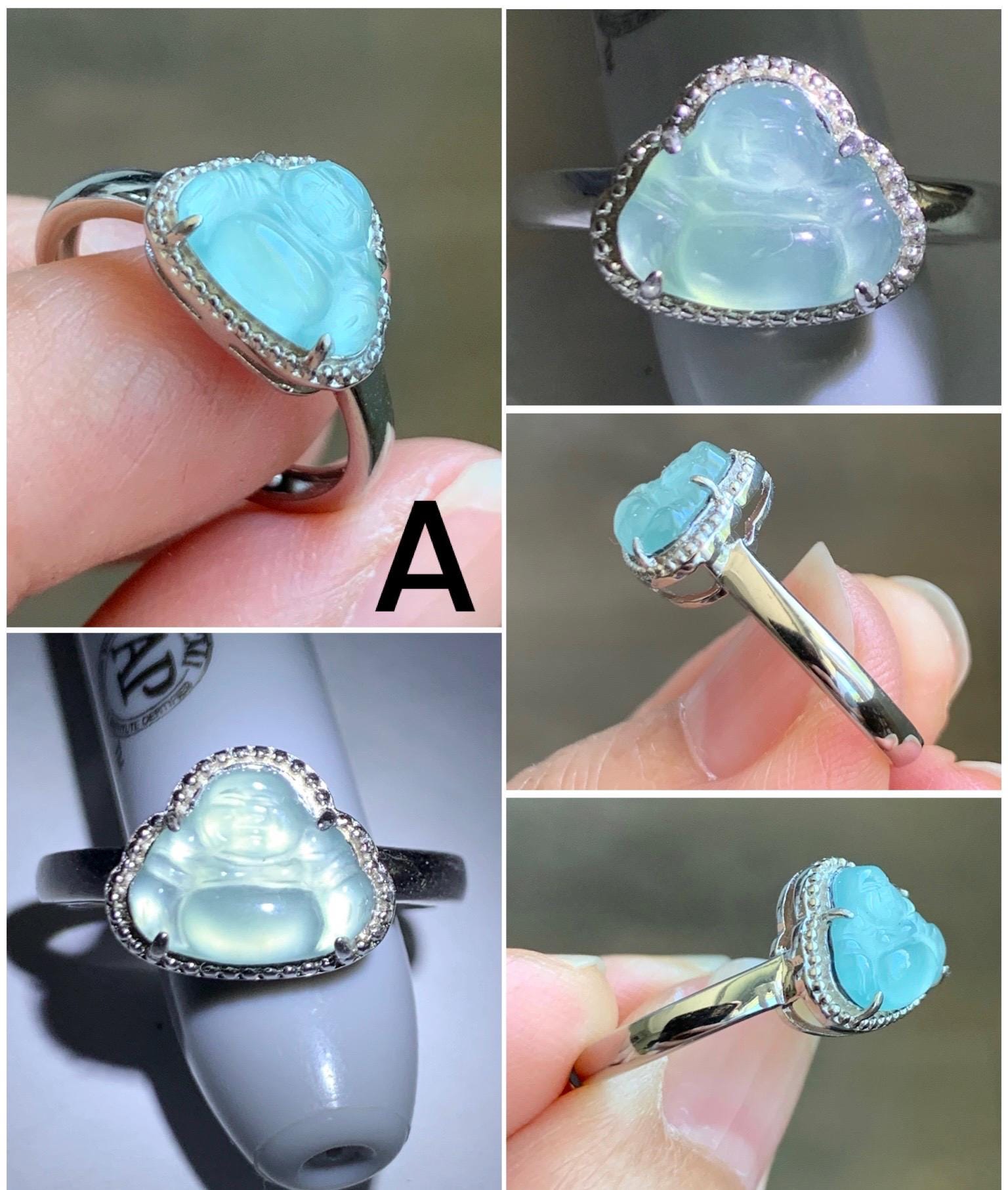 Natural Guatemalan Garde A Icy Highly Translucent Pastel Blue Jadeite Petite Buddha Ring Sterling Silver Adjustable 天然高冰危浅蓝翡翠小佛公银镶戒指 WLP55