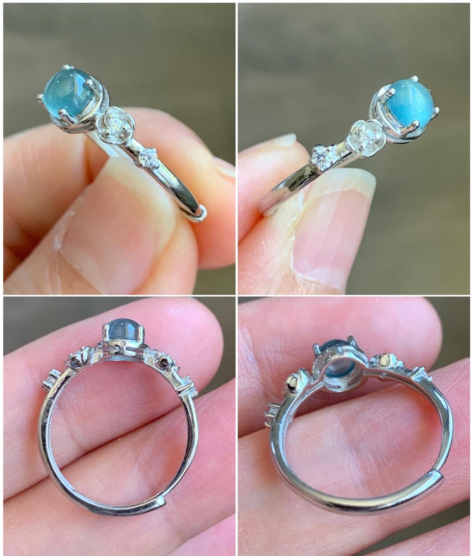 Natural Grade A Guatemalan Icy Highly Translucent Pastel Blue Jadeite Bypass Ring Sterling Silver Size 7 Adjustable 天然冰危淡蓝翡翠开口银镶戒指 MWL150B