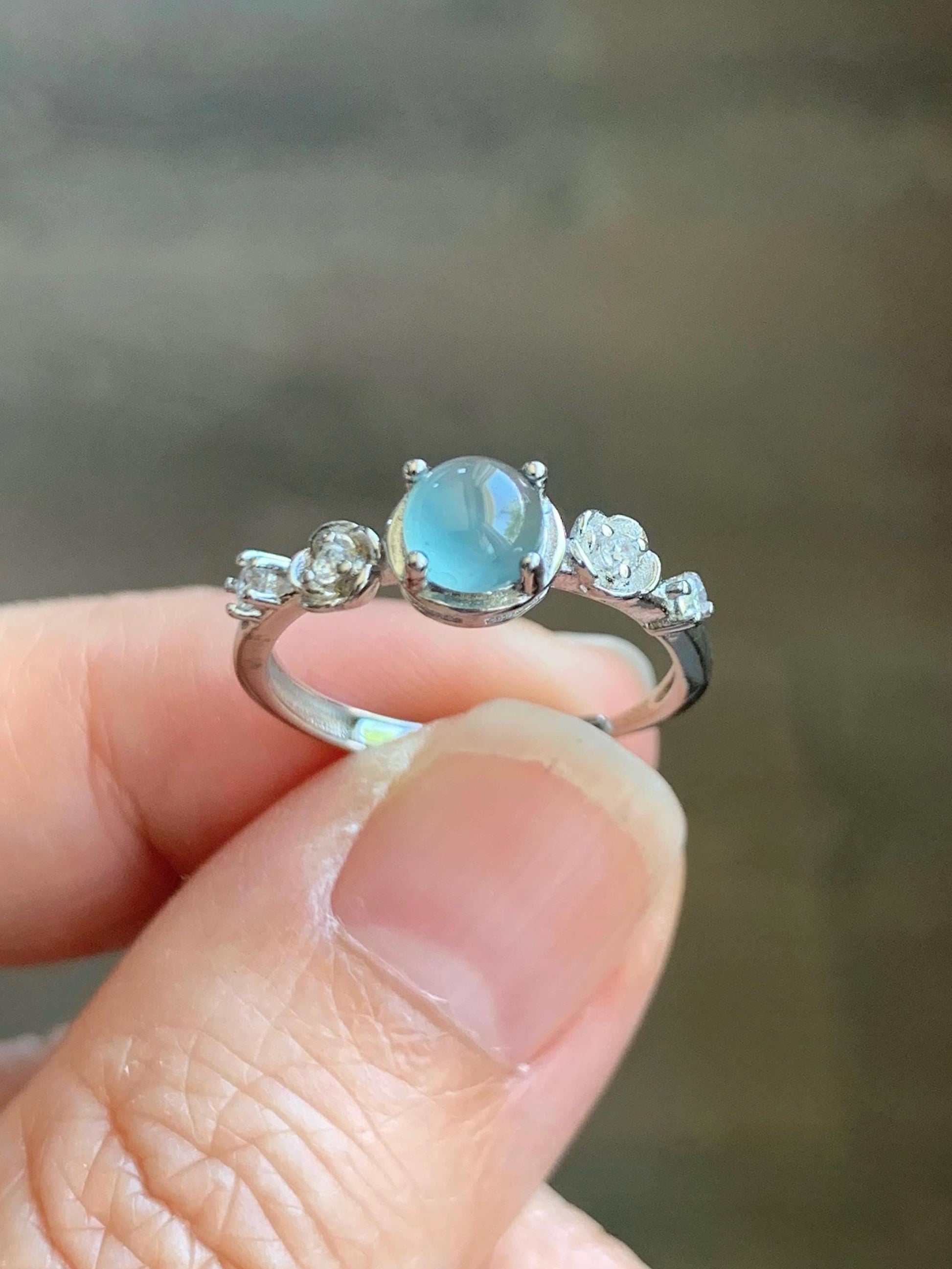 Natural Grade A Guatemalan Icy Highly Translucent Pastel Blue Jadeite Bypass Ring Sterling Silver Size 7 Adjustable 天然冰危淡蓝翡翠开口银镶戒指 MWL150B