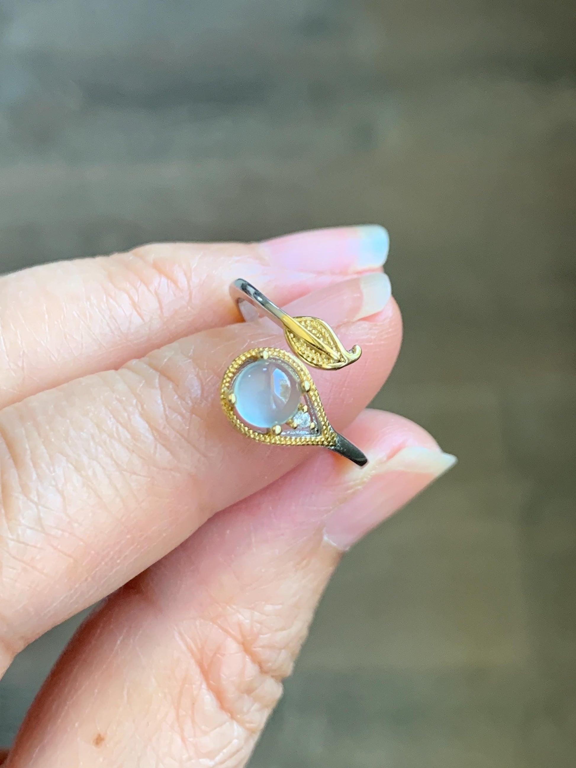 Natural Grade A Guatemalan Icy Highly Translucent Pastel Blue Jadeite Open Band Ring Sterling Silver Size Adjustable 天然冰危淡蓝翡翠开口银镶戒指 MWL150C