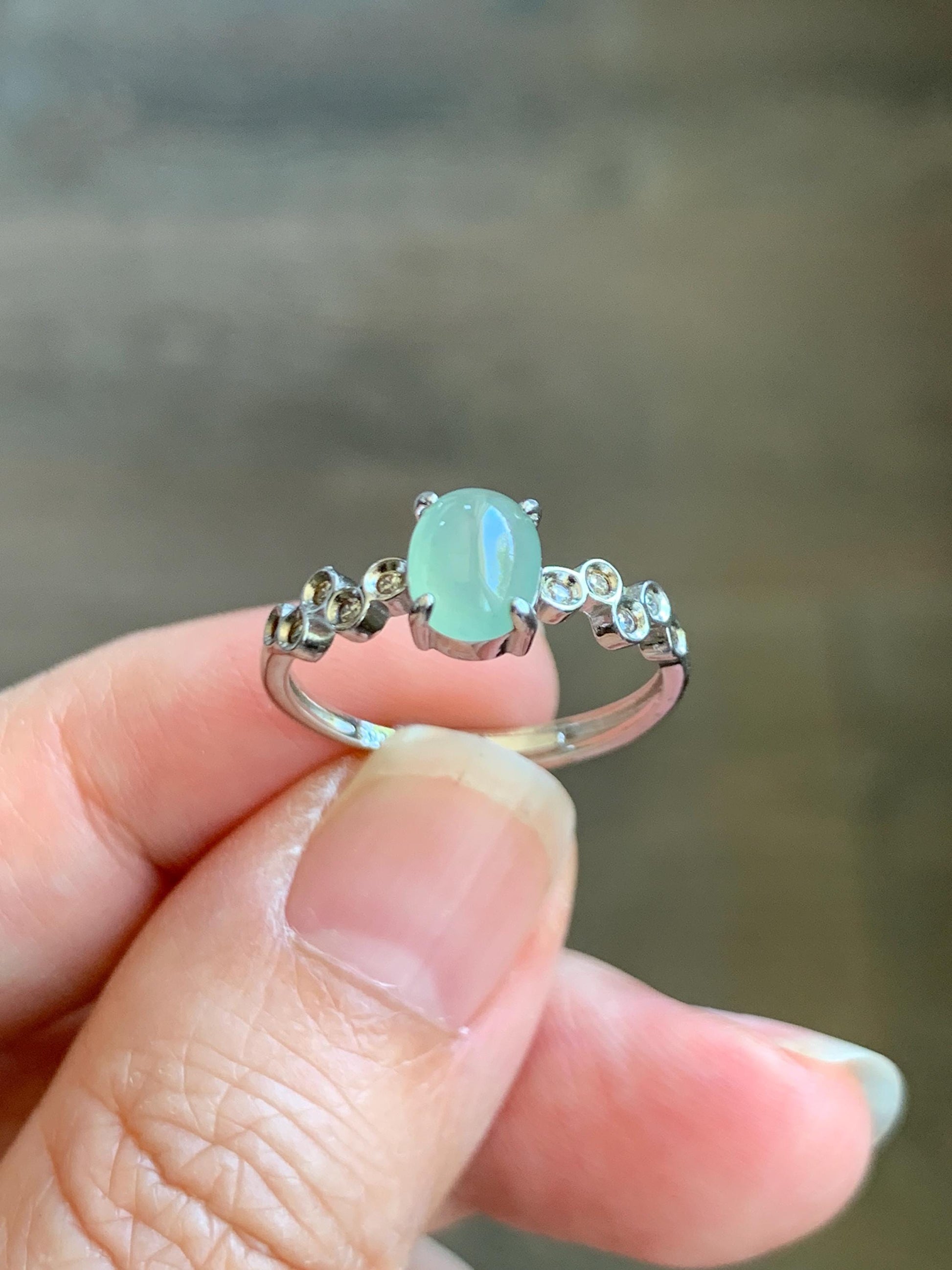Natural Grade A Icy Highly Translucent Pastel Light Green Jade Jadeite Ring Sterling Silver Size 6.75 US Adjustable 天然起冰起光晴色翡翠银镶戒指 XMQ55A