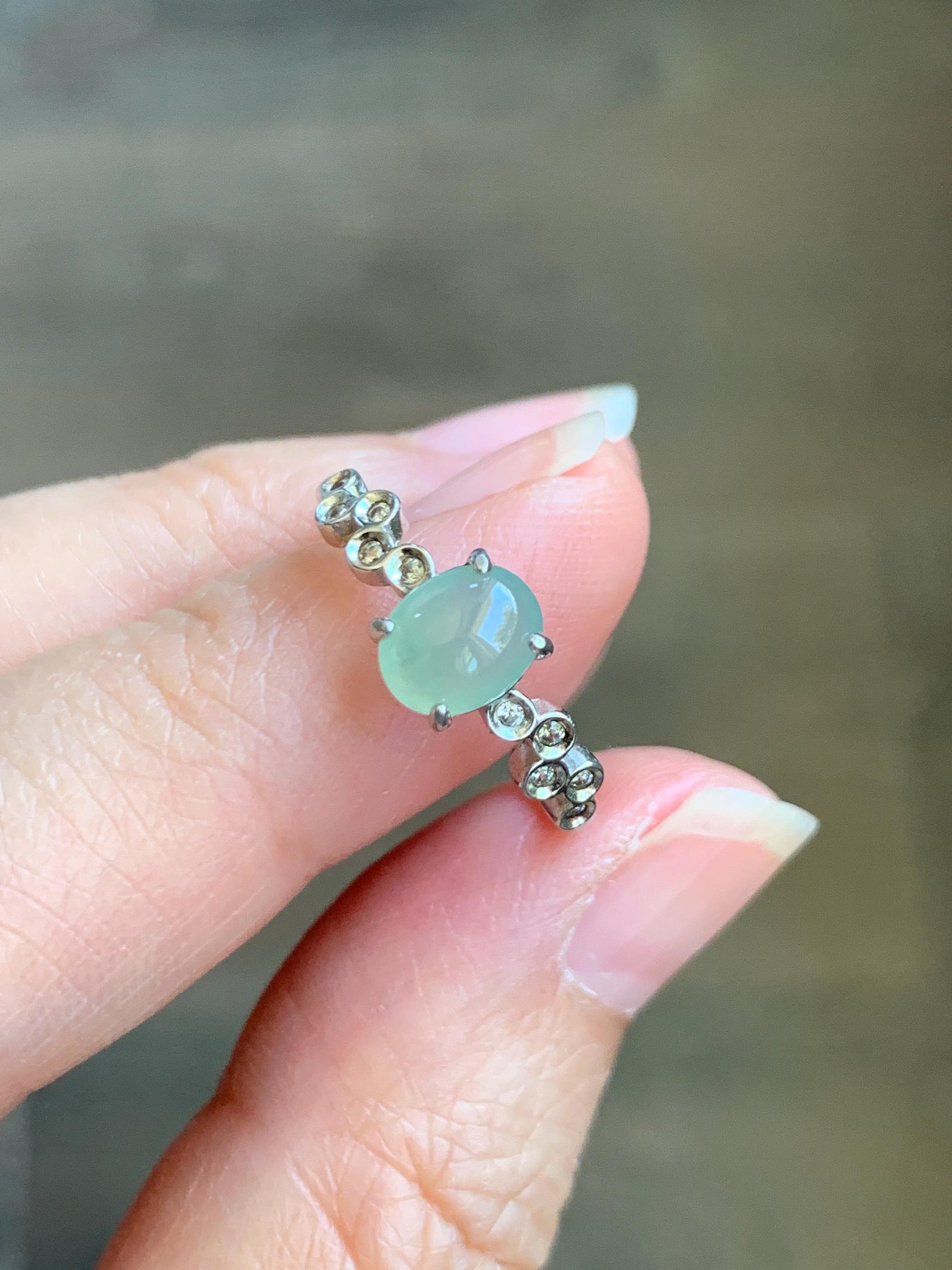 Natural Grade A Icy Highly Translucent Pastel Light Green Jade Jadeite Ring Sterling Silver Size 6.75 US Adjustable 天然起冰起光晴色翡翠银镶戒指 XMQ55A