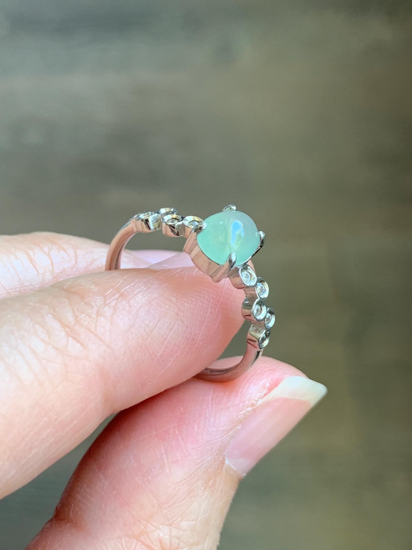 Natural Grade A Icy Highly Translucent Pastel Light Green Jade Jadeite Ring Sterling Silver Size 6.75 US Adjustable 天然起冰起光晴色翡翠银镶戒指 XMQ55A