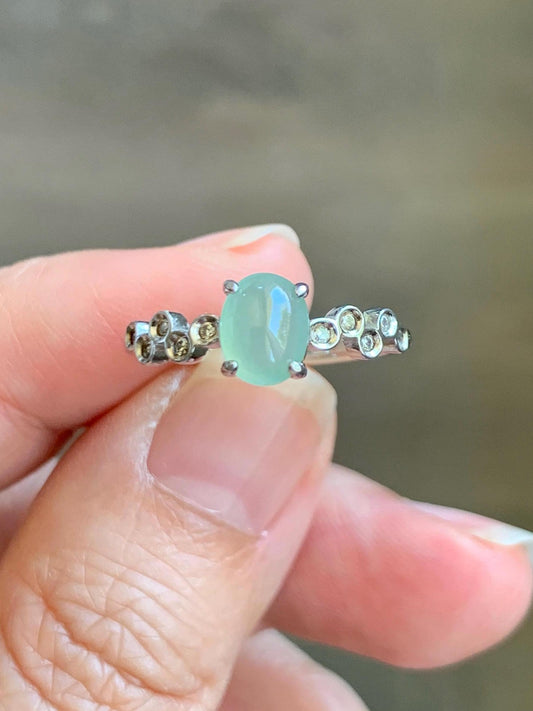 Natural Grade A Icy Highly Translucent Pastel Light Green Jade Jadeite Ring Sterling Silver Size 6.75 US Adjustable 天然起冰起光晴色翡翠银镶戒指 XMQ55A