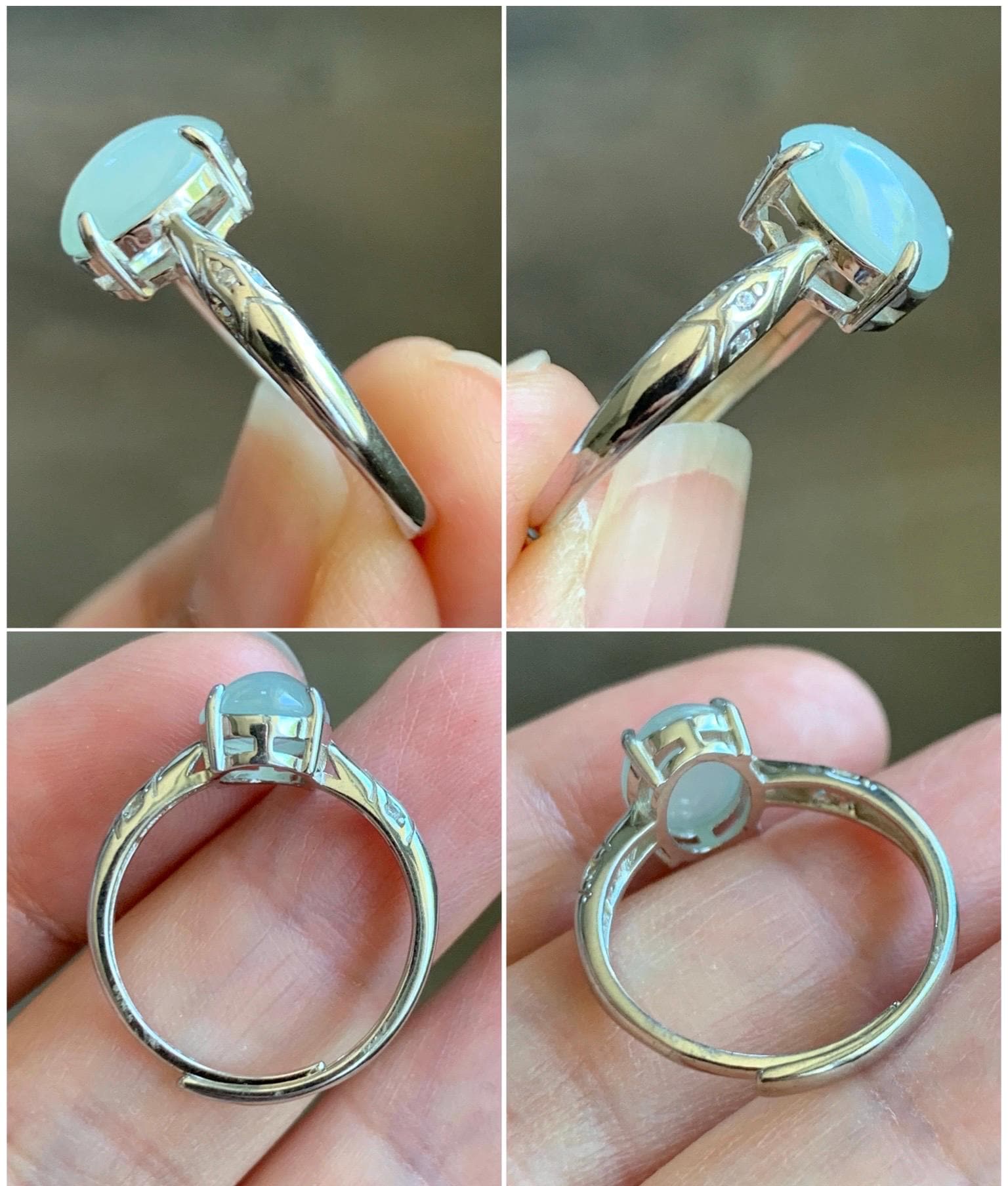 Natural Grade A Icy Translucent Pastel Green Jade Jadeite Solitaire Ring Sterling Silver Size 7 US Adjustable 天然冰晴底翡翠银镶戒指 XMQ55B