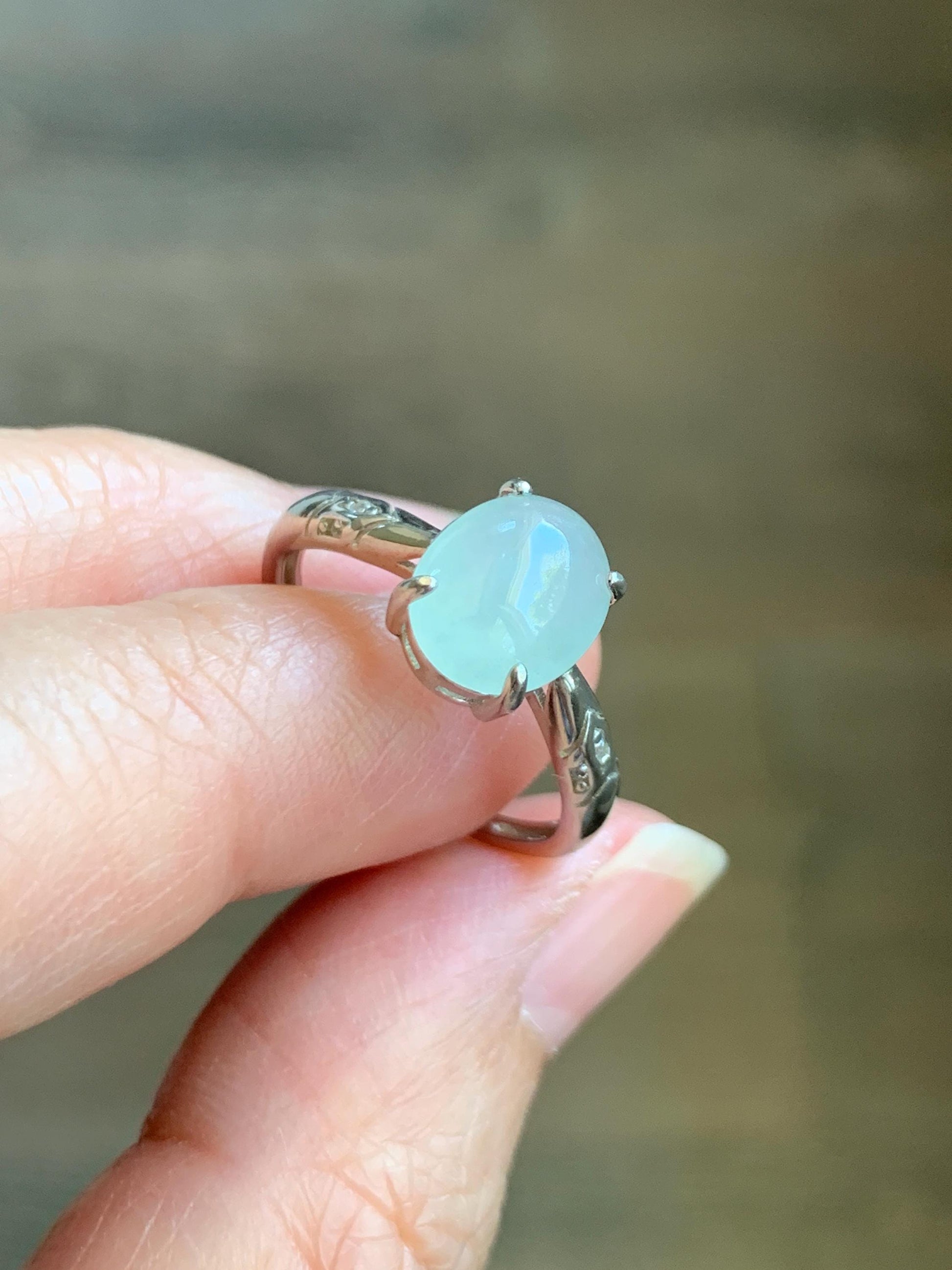 Natural Grade A Icy Translucent Pastel Green Jade Jadeite Solitaire Ring Sterling Silver Size 7 US Adjustable 天然冰晴底翡翠银镶戒指 XMQ55B