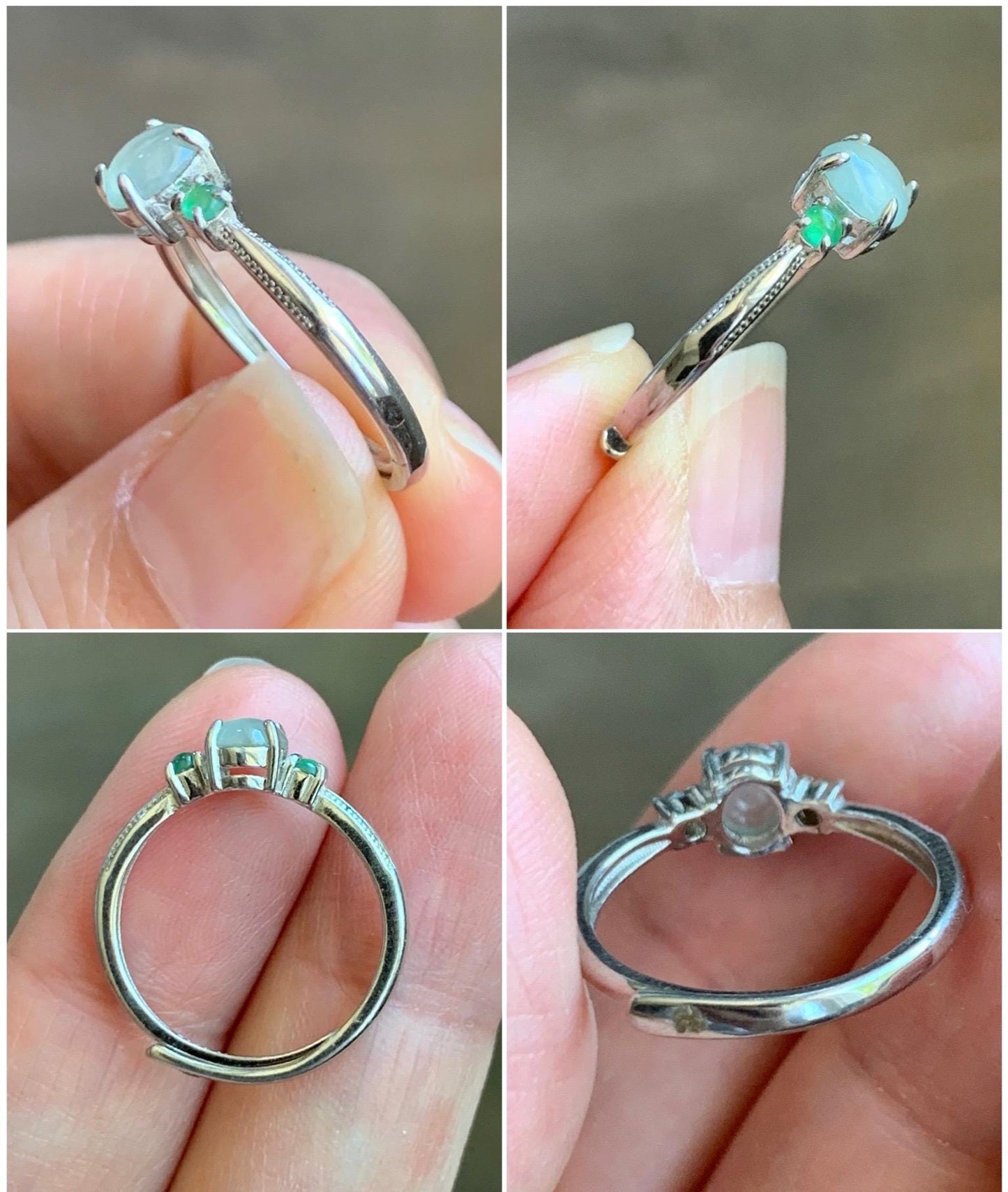 Natural Grade A Icy Highly Translucent Pastel Light Green Jade Jadeite Ring Sterling Silver Size 6 US Adjustable 天然起冰起光晴底翡翠银镶戒指 XMQ55C