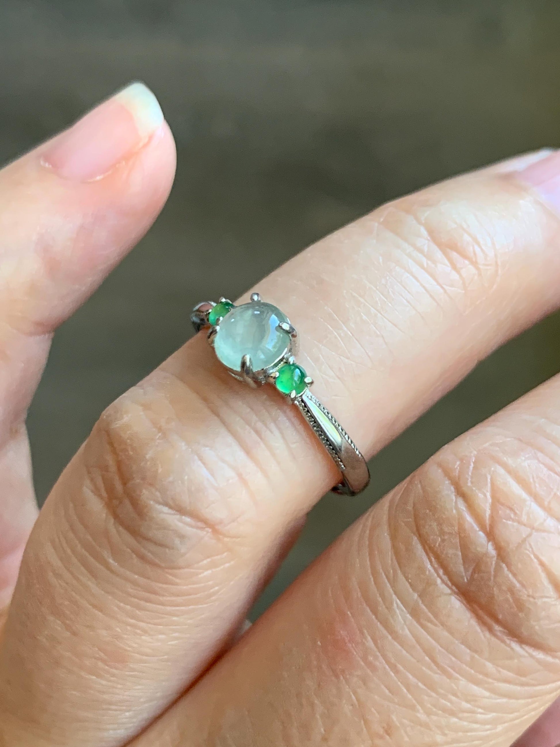 Natural Grade A Icy Highly Translucent Pastel Light Green Jade Jadeite Ring Sterling Silver Size 6 US Adjustable 天然起冰起光晴底翡翠银镶戒指 XMQ55C