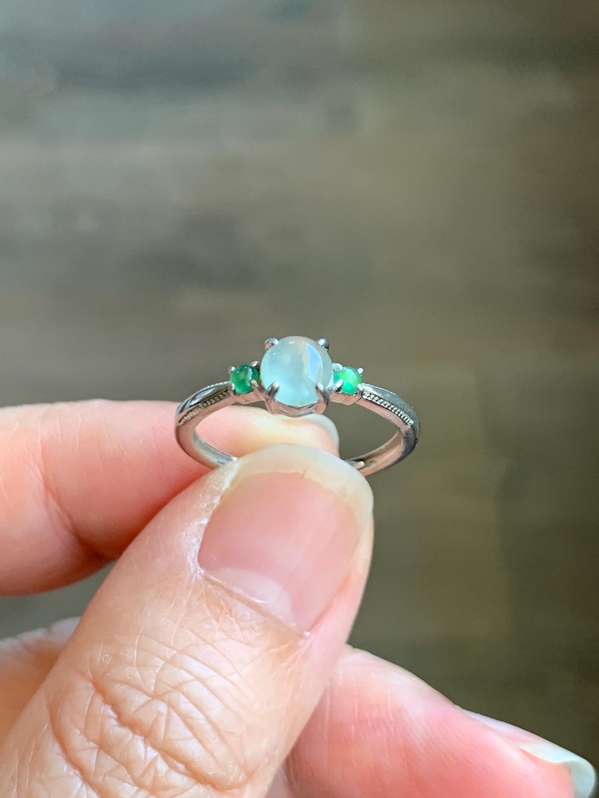 Natural Grade A Icy Highly Translucent Pastel Light Green Jade Jadeite Ring Sterling Silver Size 6 US Adjustable 天然起冰起光晴底翡翠银镶戒指 XMQ55C