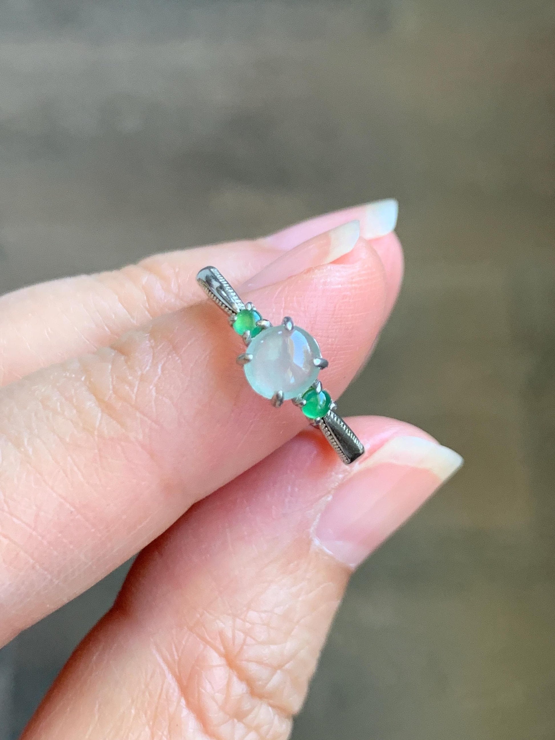 Natural Grade A Icy Highly Translucent Pastel Light Green Jade Jadeite Ring Sterling Silver Size 6 US Adjustable 天然起冰起光晴底翡翠银镶戒指 XMQ55C