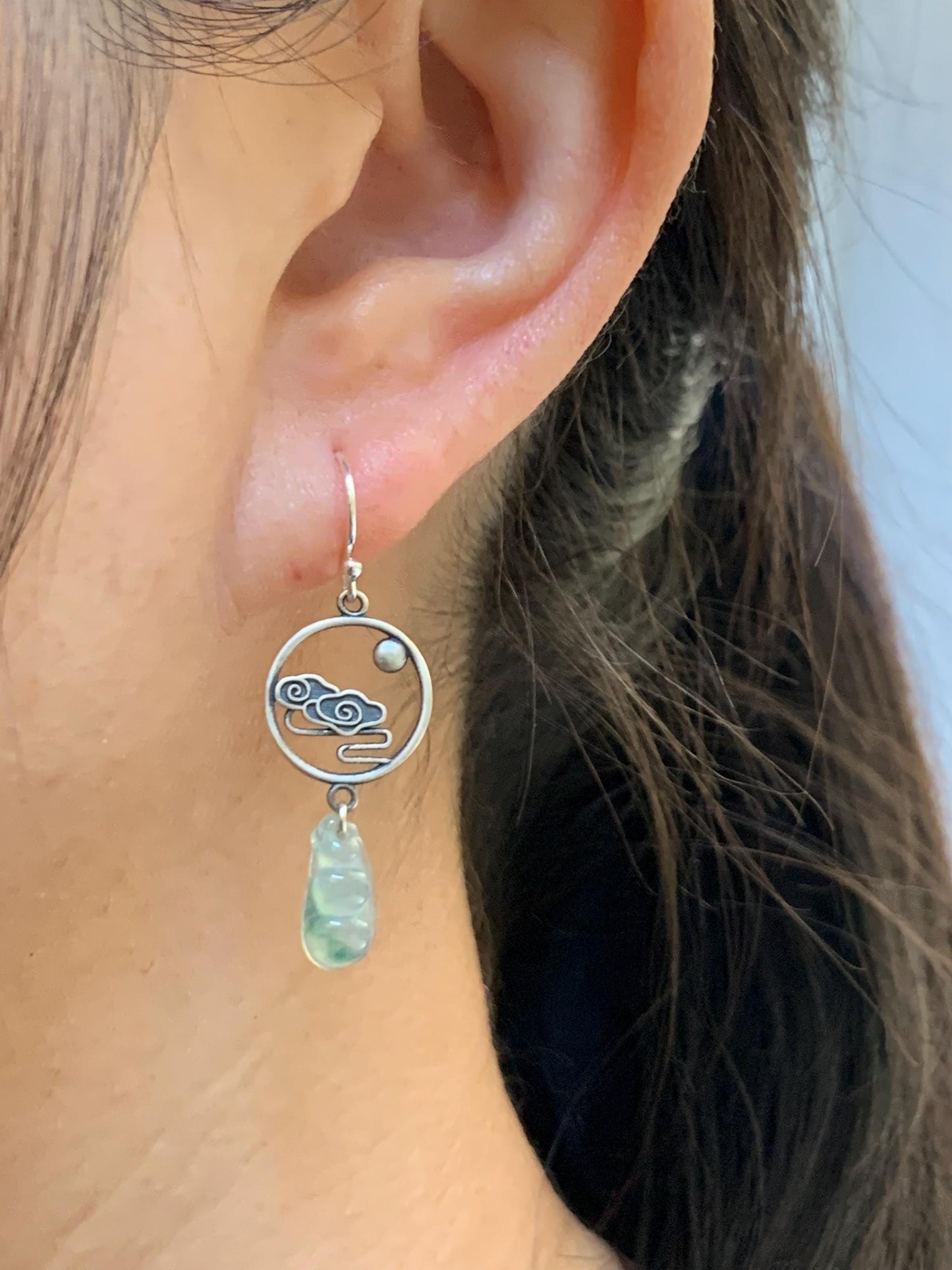 Natural Grade A Icy Highly Translucent Green Marbled Jadeite Carved Petite Peapod Dangle Earrings Sterling Silver 天然冰晴飘绿花翡翠福豆银耳钩 MPFD69