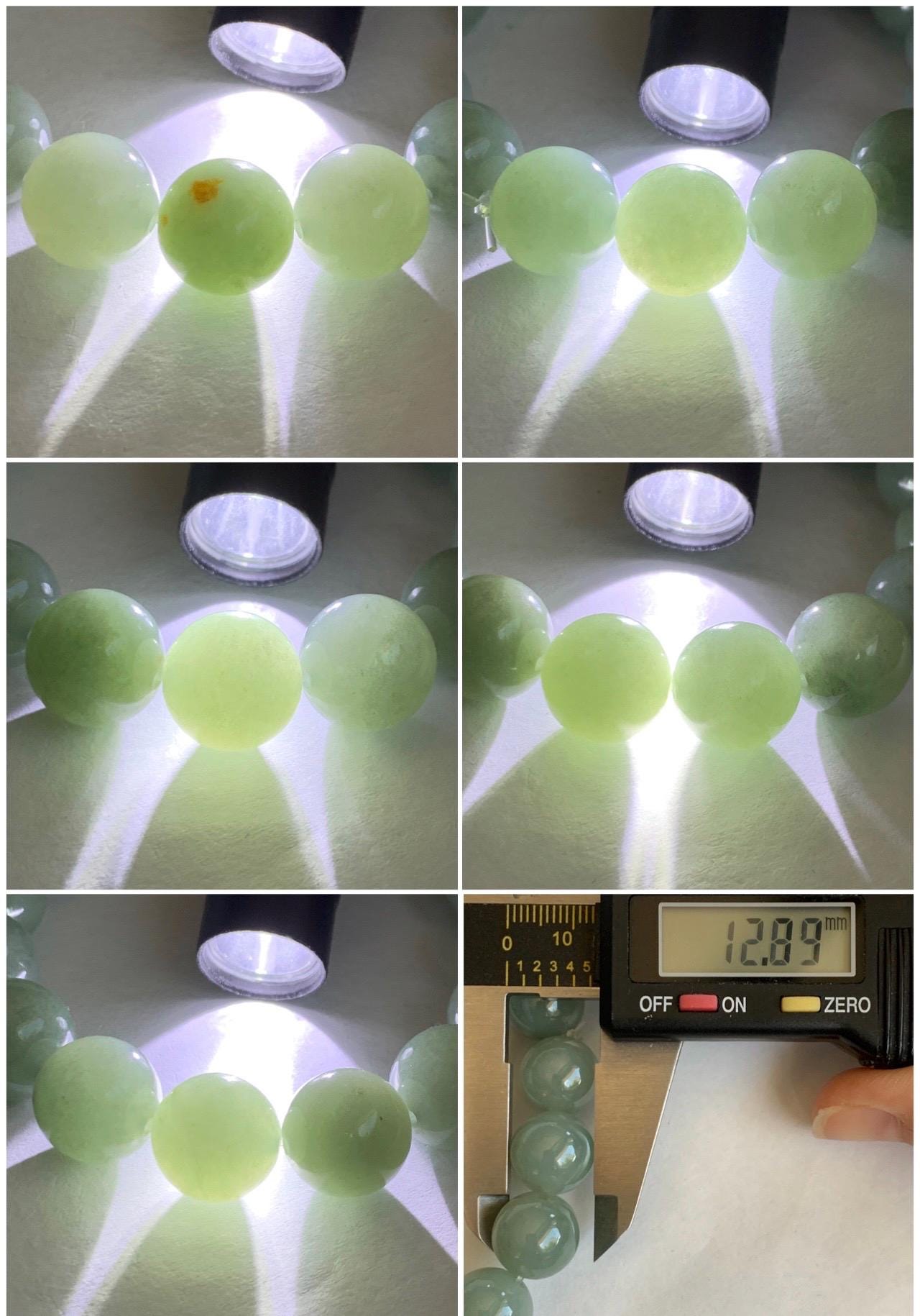 Natural Grade A Icy Translucent Pastel Dusty Green Jade Jadeite Large Beads Beaded Bracelet Stretchy 7.5” 58g 天然冰细糯油青翡翠大卡手串 MYQ650C