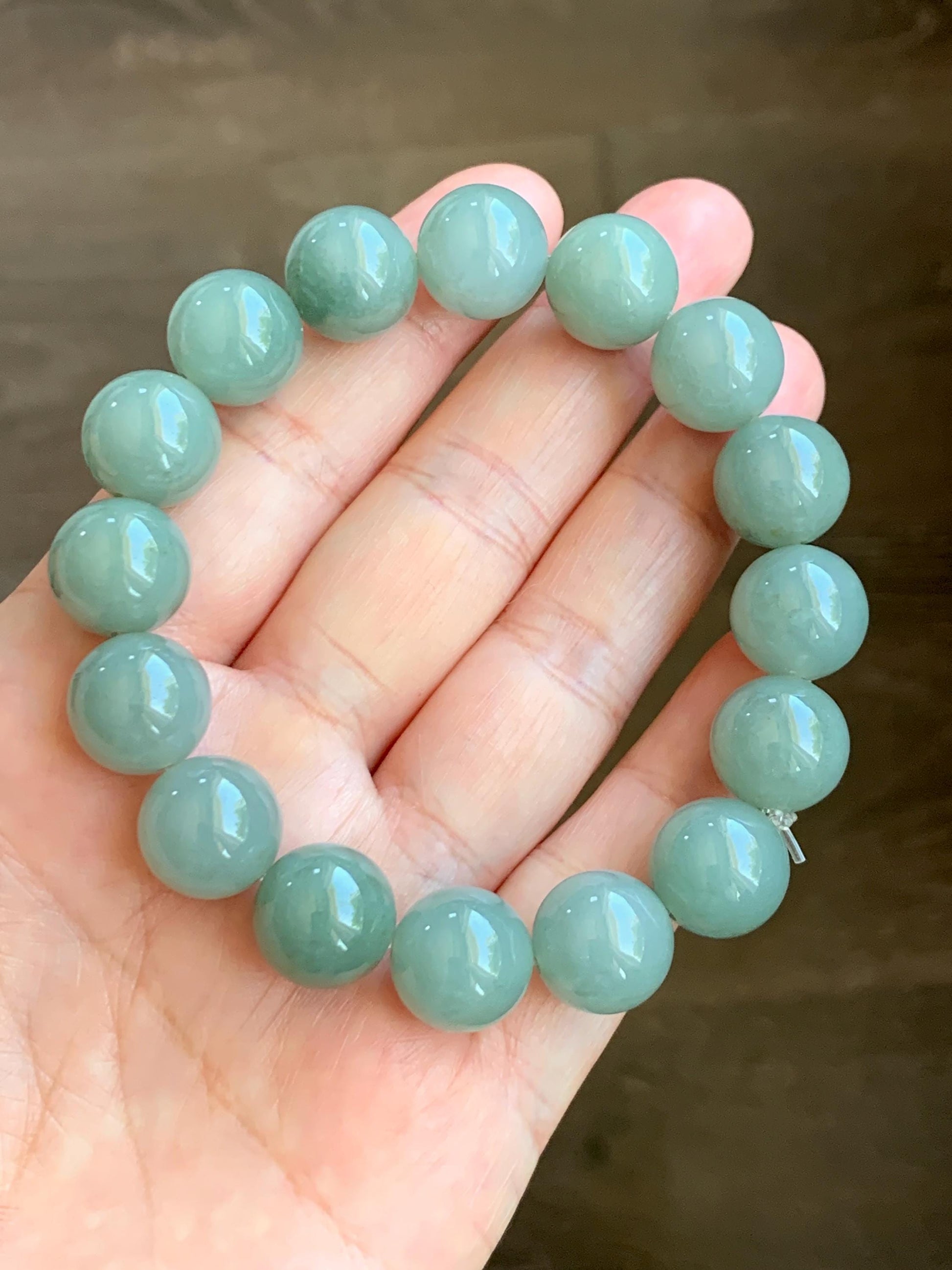 Natural Grade A Icy Translucent Pastel Dusty Green Jade Jadeite Large Beads Beaded Bracelet Stretchy 7.5” 58g 天然冰细糯油青翡翠大卡手串 MYQ650C