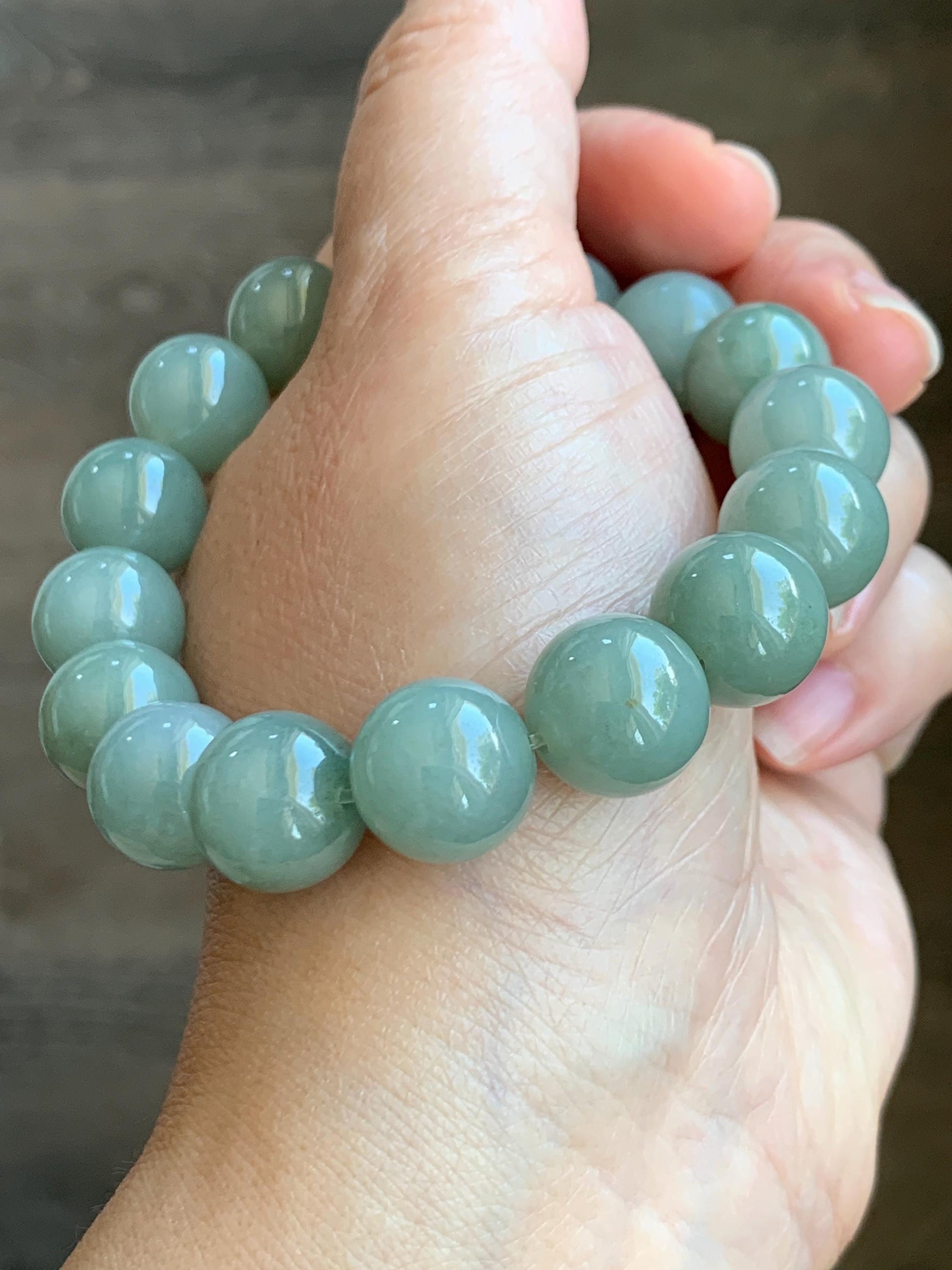 Natural Grade A Icy Translucent Pastel Dusty Green Jade Jadeite Large Beads Beaded Bracelet Stretchy 7.5” 58g 天然冰细糯油青翡翠大卡手串 MYQ650C