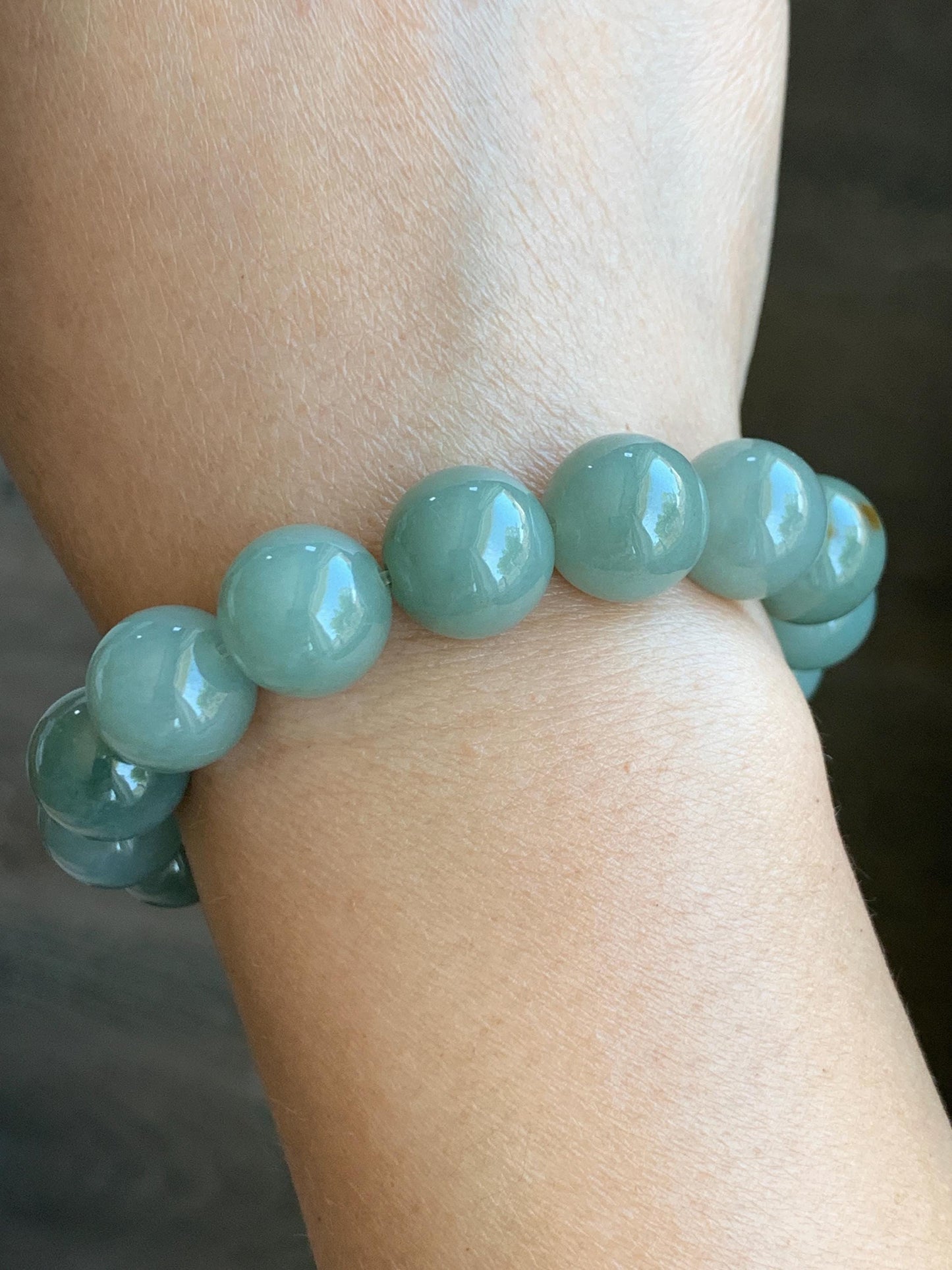 Natural Grade A Icy Translucent Pastel Dusty Green Jade Jadeite Large Beads Beaded Bracelet Stretchy 7.5” 58g 天然冰细糯油青翡翠大卡手串 MYQ650C