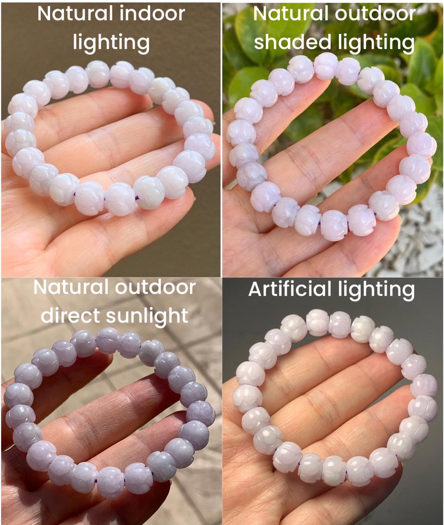 Natural Grade A Icy Translucent White Jadeite w/ Pastel Purple Undertone Lotus Flower beads Beaded Bracelet 6.75” 天然糯冰淡紫底翡翠莲花珠手串 DZLH370B