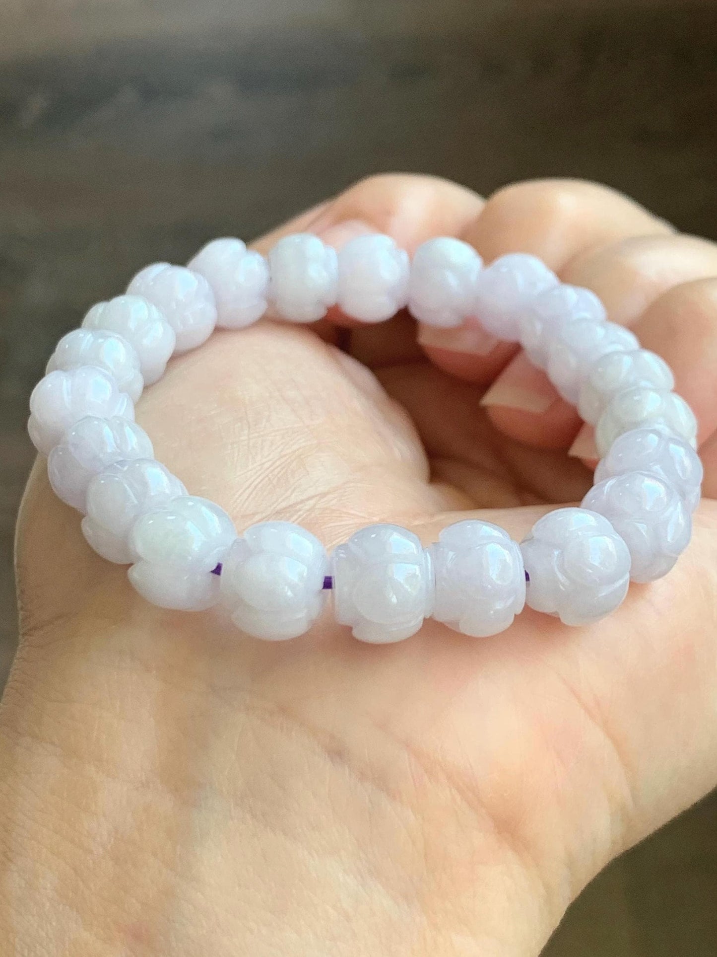 Natural Grade A Icy Translucent White Jadeite w/ Pastel Purple Undertone Lotus Flower beads Beaded Bracelet 6.75” 天然糯冰淡紫底翡翠莲花珠手串 DZLH370B