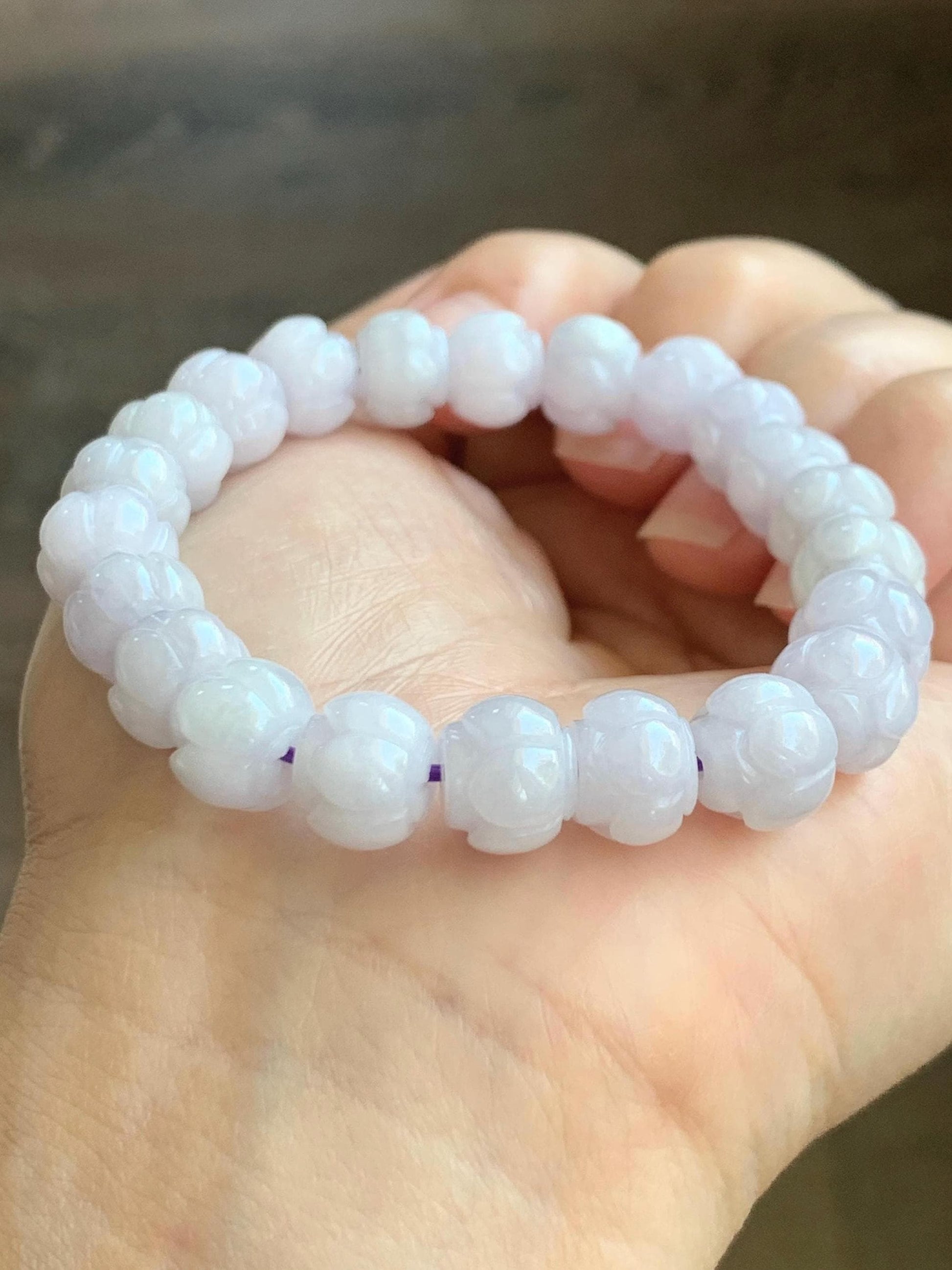 Natural Grade A Icy Translucent White Jadeite w/ Pastel Purple Undertone Lotus Flower beads Beaded Bracelet 6.75” 天然糯冰淡紫底翡翠莲花珠手串 DZLH370B