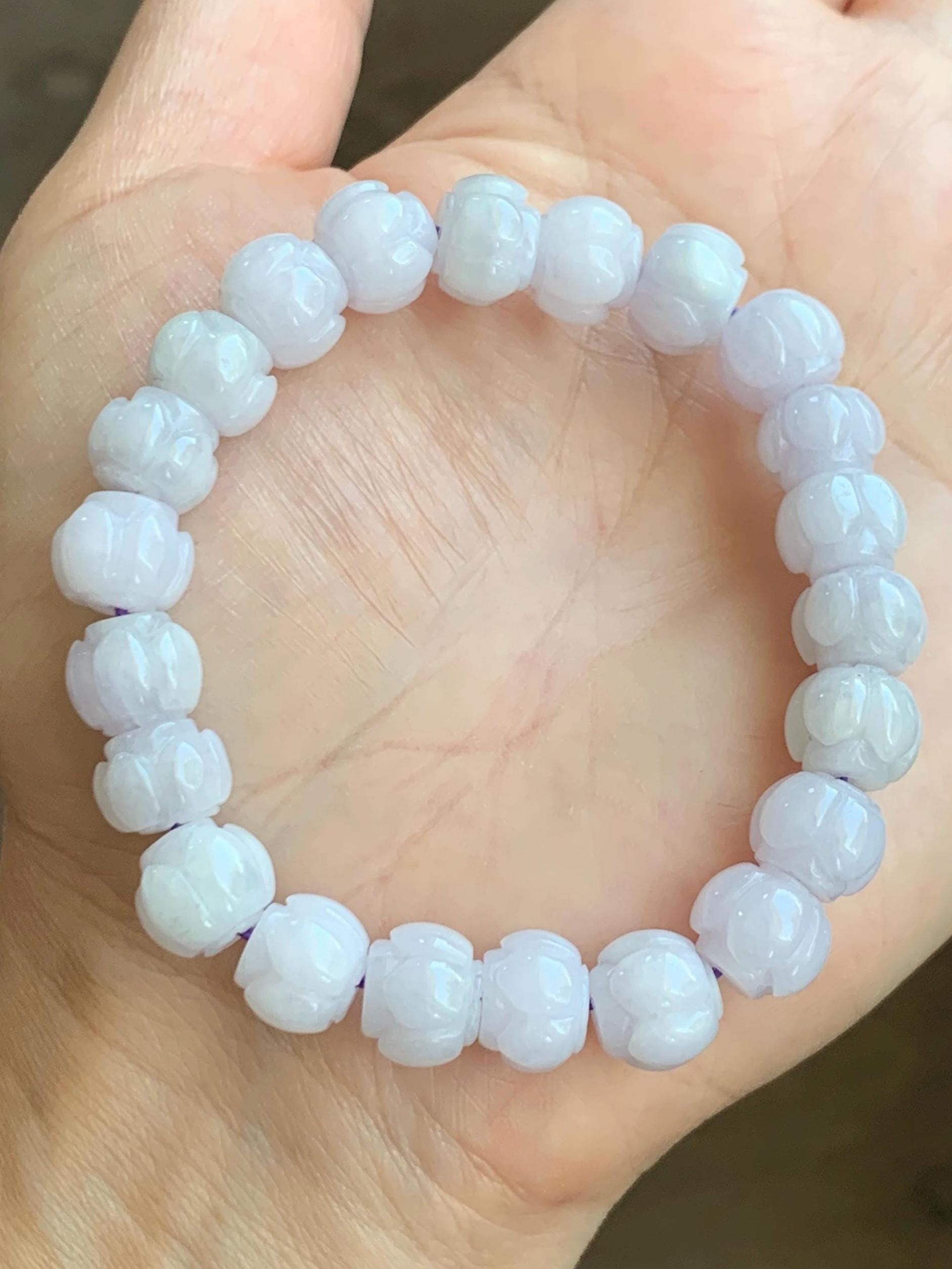 Natural Grade A Icy Translucent White Jadeite w/ Pastel Purple Undertone Lotus Flower beads Beaded Bracelet 6.75” 天然糯冰淡紫底翡翠莲花珠手串 DZLH370B