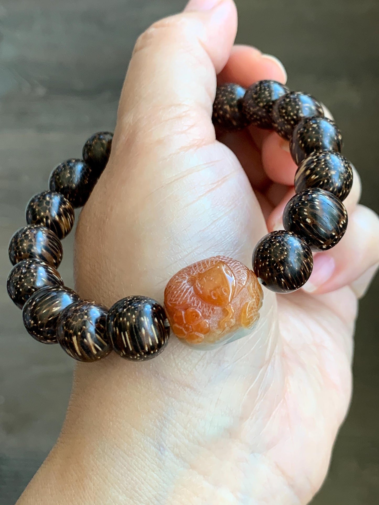 Grade A Icy Translucent Heated Red Marbled Jadeite Carved Snake Cherry Blossom Barrel Bead Beaded Bracelet 8.25" A货烧红飘花翡翠蛇梅花桶珠木珠手串 HSS119