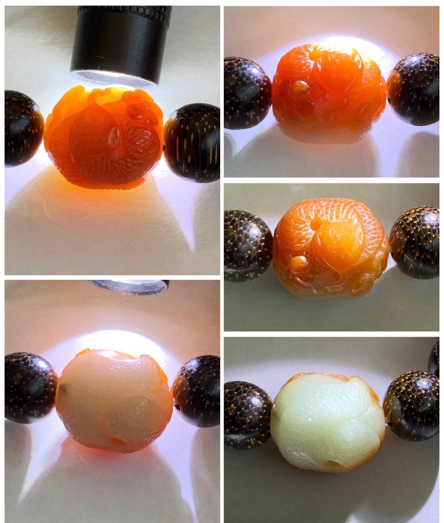 Grade A Icy Translucent Heated Red Marbled Jadeite Carved Snake Cherry Blossom Barrel Bead Beaded Bracelet 8.25" A货烧红飘花翡翠蛇梅花桶珠木珠手串 HSS119