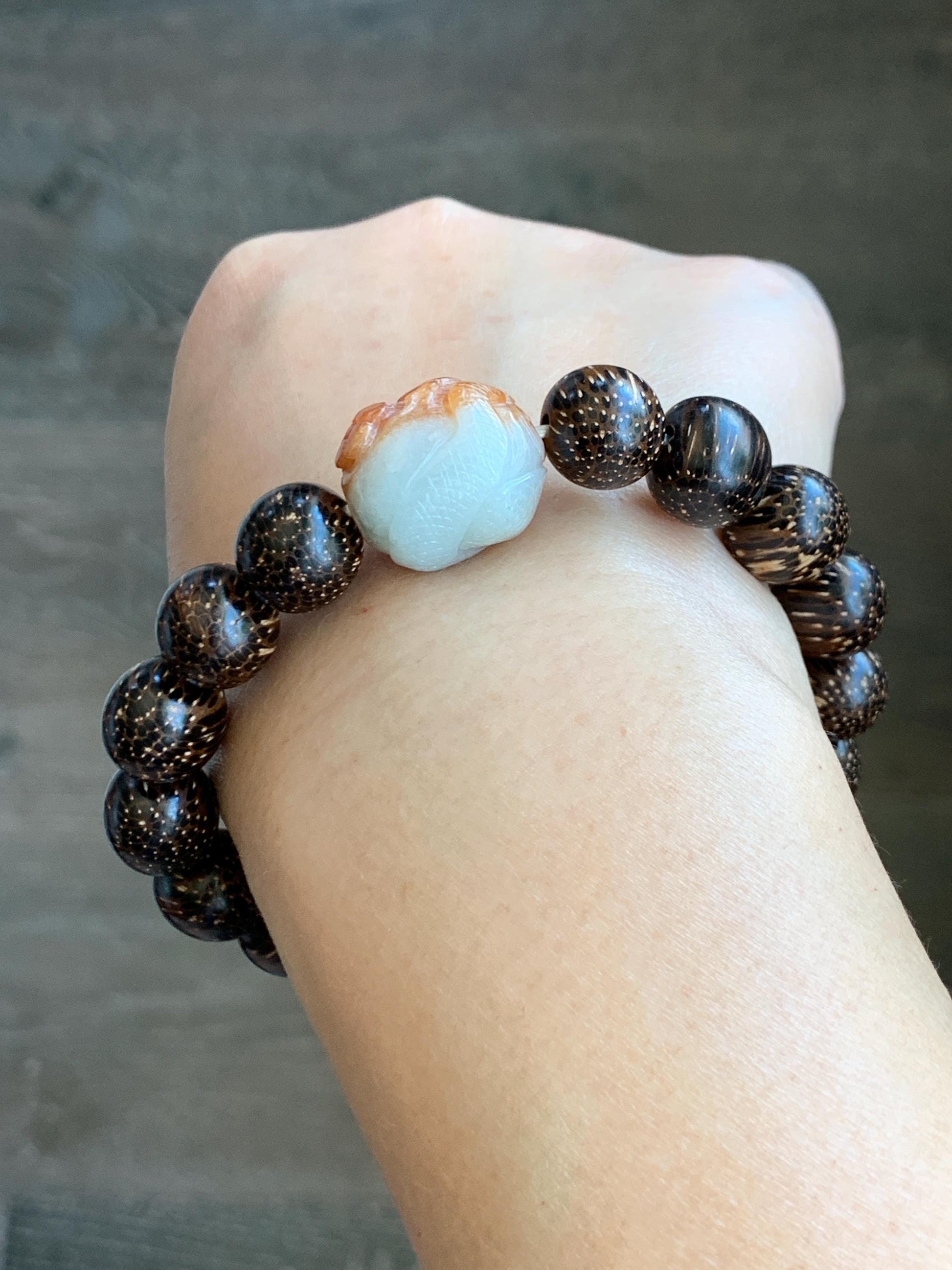Grade A Icy Translucent Heated Red Marbled Jadeite Carved Snake Cherry Blossom Barrel Bead Beaded Bracelet 8.25" A货烧红飘花翡翠蛇梅花桶珠木珠手串 HSS119