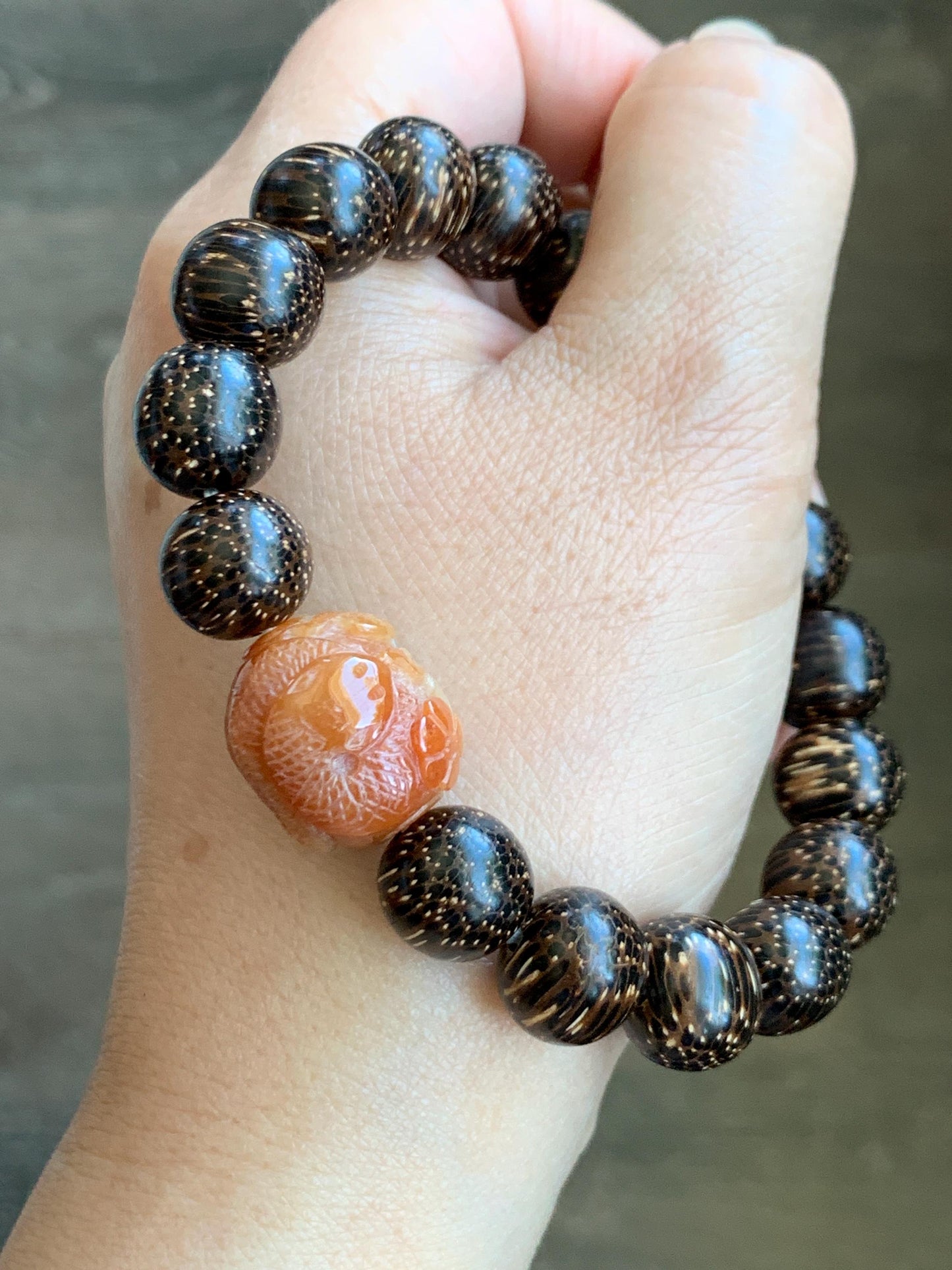 Grade A Icy Translucent Heated Red Marbled Jadeite Carved Snake Cherry Blossom Barrel Bead Beaded Bracelet 8.25" A货烧红飘花翡翠蛇梅花桶珠木珠手串 HSS119