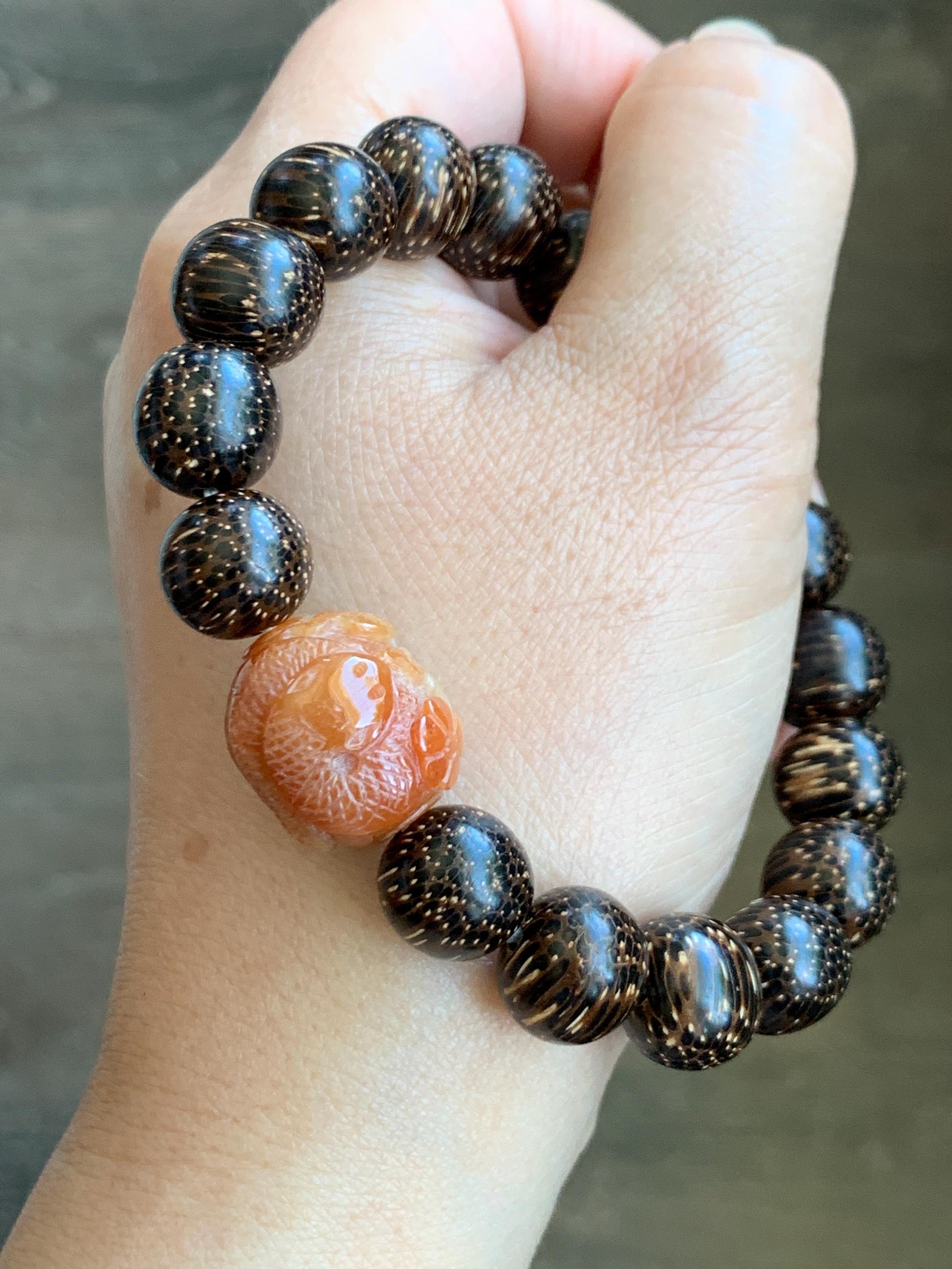 Grade A Icy Translucent Heated Red Marbled Jadeite Carved Snake Cherry Blossom Barrel Bead Beaded Bracelet 8.25" A货烧红飘花翡翠蛇梅花桶珠木珠手串 HSS119