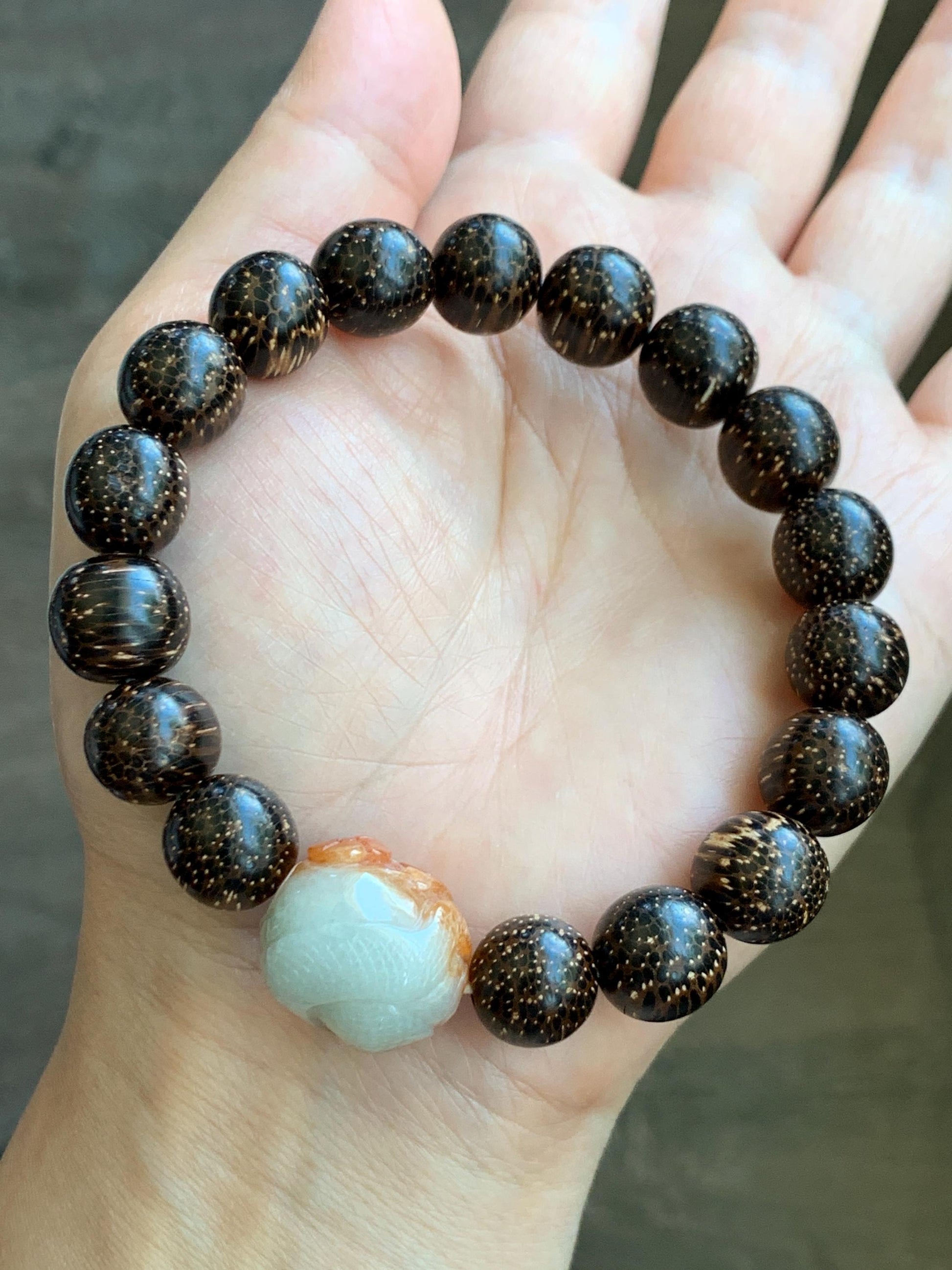 Grade A Icy Translucent Heated Red Marbled Jadeite Carved Snake Cherry Blossom Barrel Bead Beaded Bracelet 8.25" A货烧红飘花翡翠蛇梅花桶珠木珠手串 HSS119
