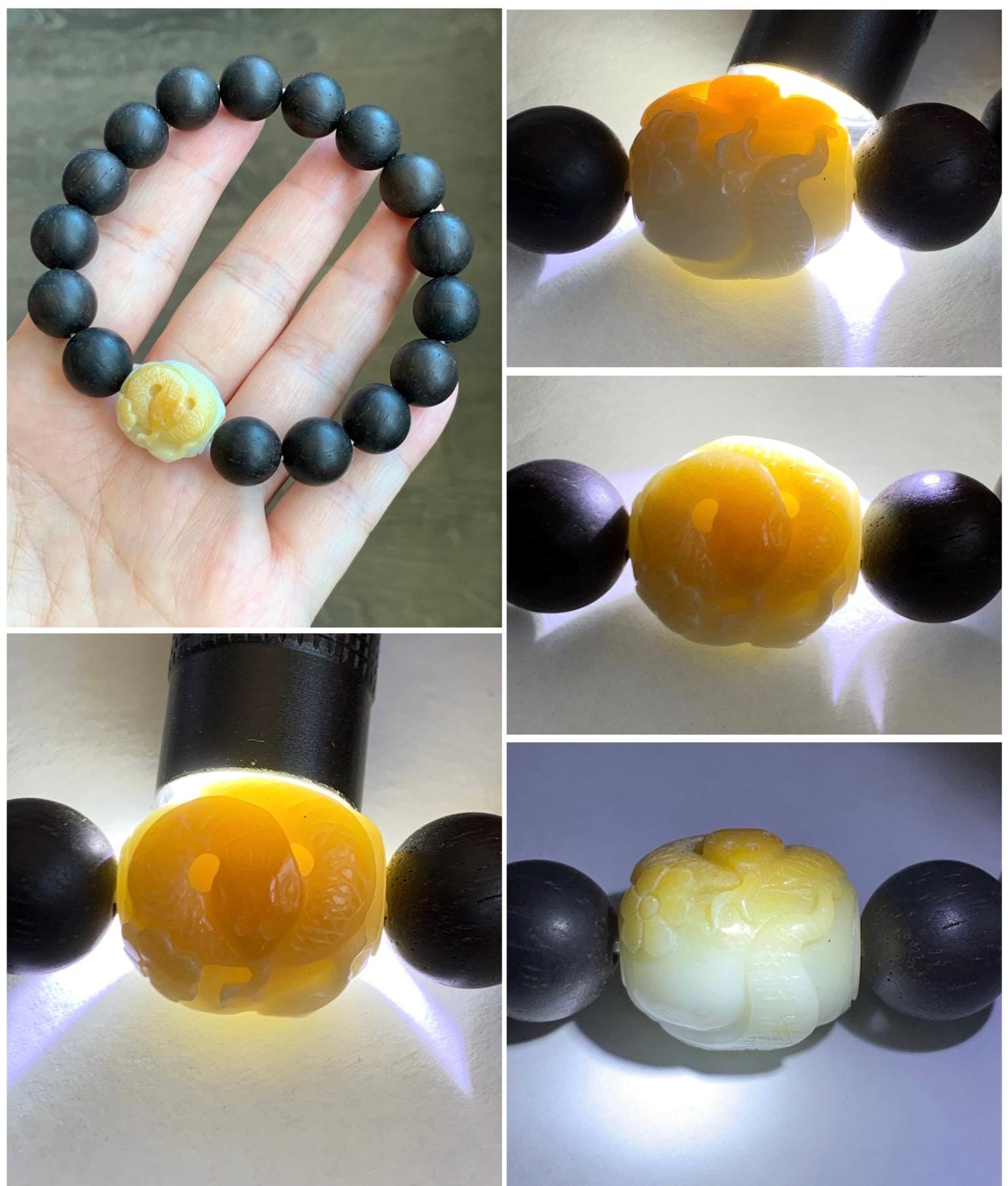 Natural Grade A Icy Translucent Yellow Marbled Jadeite Carved Snake Cherry Blossom Barrel Bead Beaded Bracelet 8" 天然黄飘花翡翠蛇梅花桶珠木珠手串 HUS129