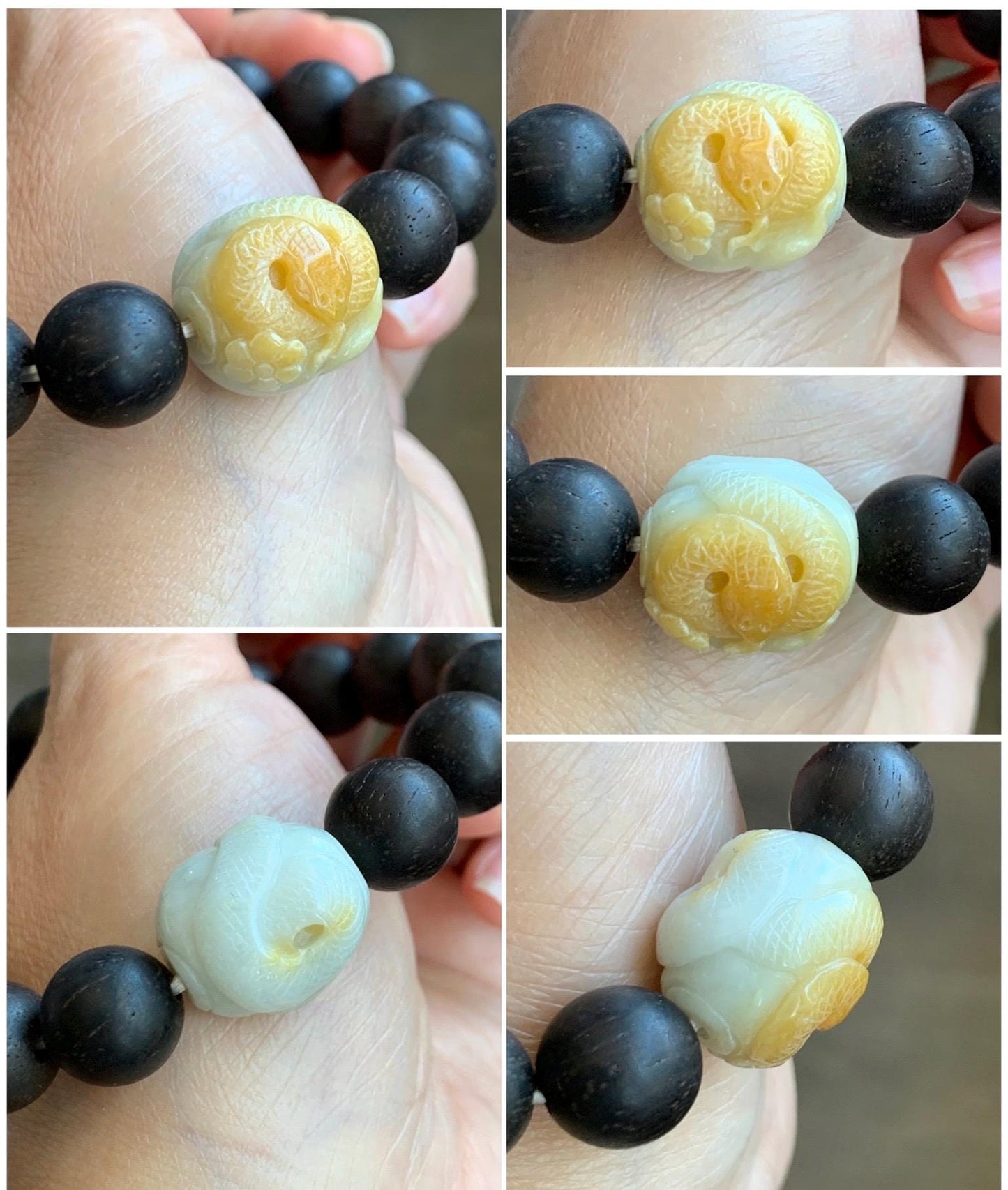 Natural Grade A Icy Translucent Yellow Marbled Jadeite Carved Snake Cherry Blossom Barrel Bead Beaded Bracelet 8" 天然黄飘花翡翠蛇梅花桶珠木珠手串 HUS129