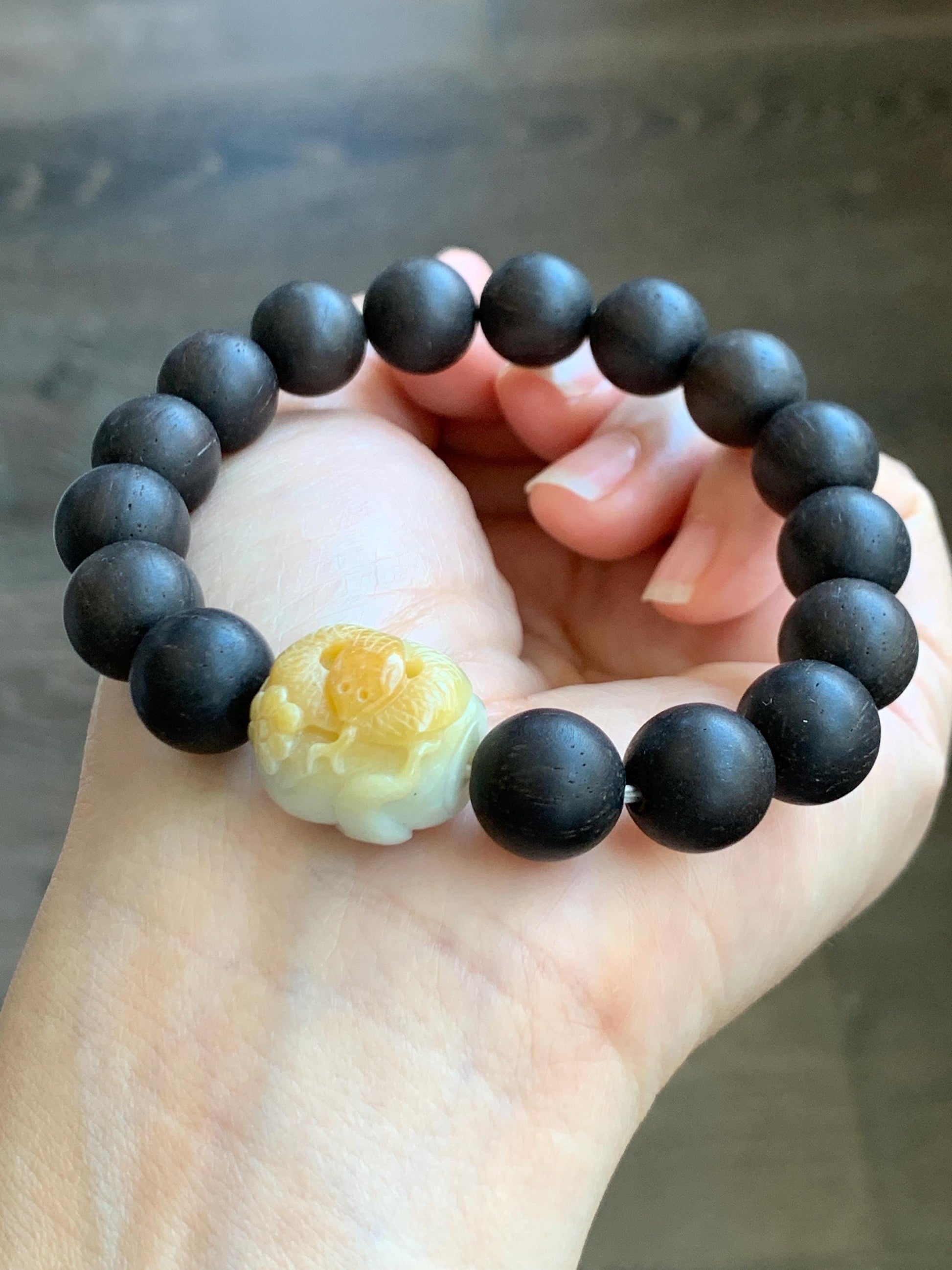 Natural Grade A Icy Translucent Yellow Marbled Jadeite Carved Snake Cherry Blossom Barrel Bead Beaded Bracelet 8" 天然黄飘花翡翠蛇梅花桶珠木珠手串 HUS129