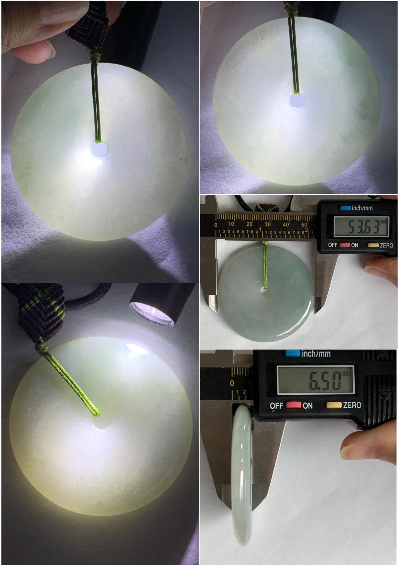 Large Natural Grade A Icy Translucent Pastel Dusty Green Jade Jadeite Ping An Kou Donut Pendant Rope Necklace 25" 49g 天然冰淡晴绿翡翠平安扣吊坠 MDL143