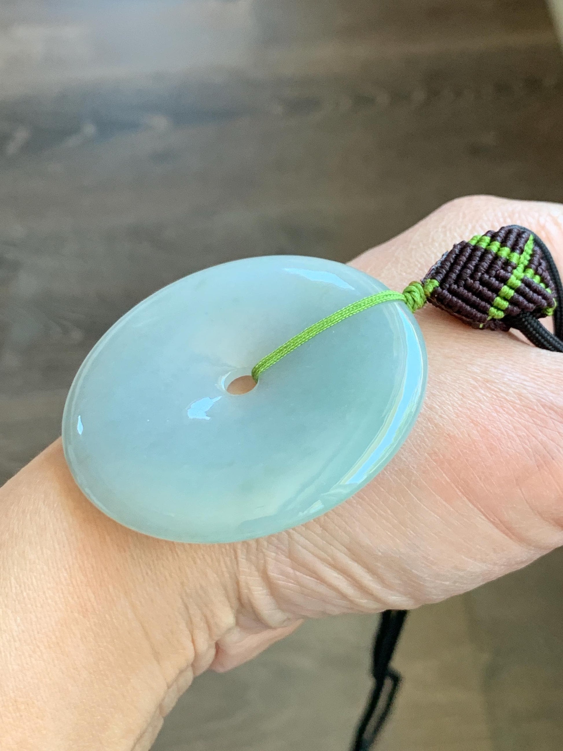 Large Natural Grade A Icy Translucent Pastel Dusty Green Jade Jadeite Ping An Kou Donut Pendant Rope Necklace 25" 49g 天然冰淡晴绿翡翠平安扣吊坠 MDL143