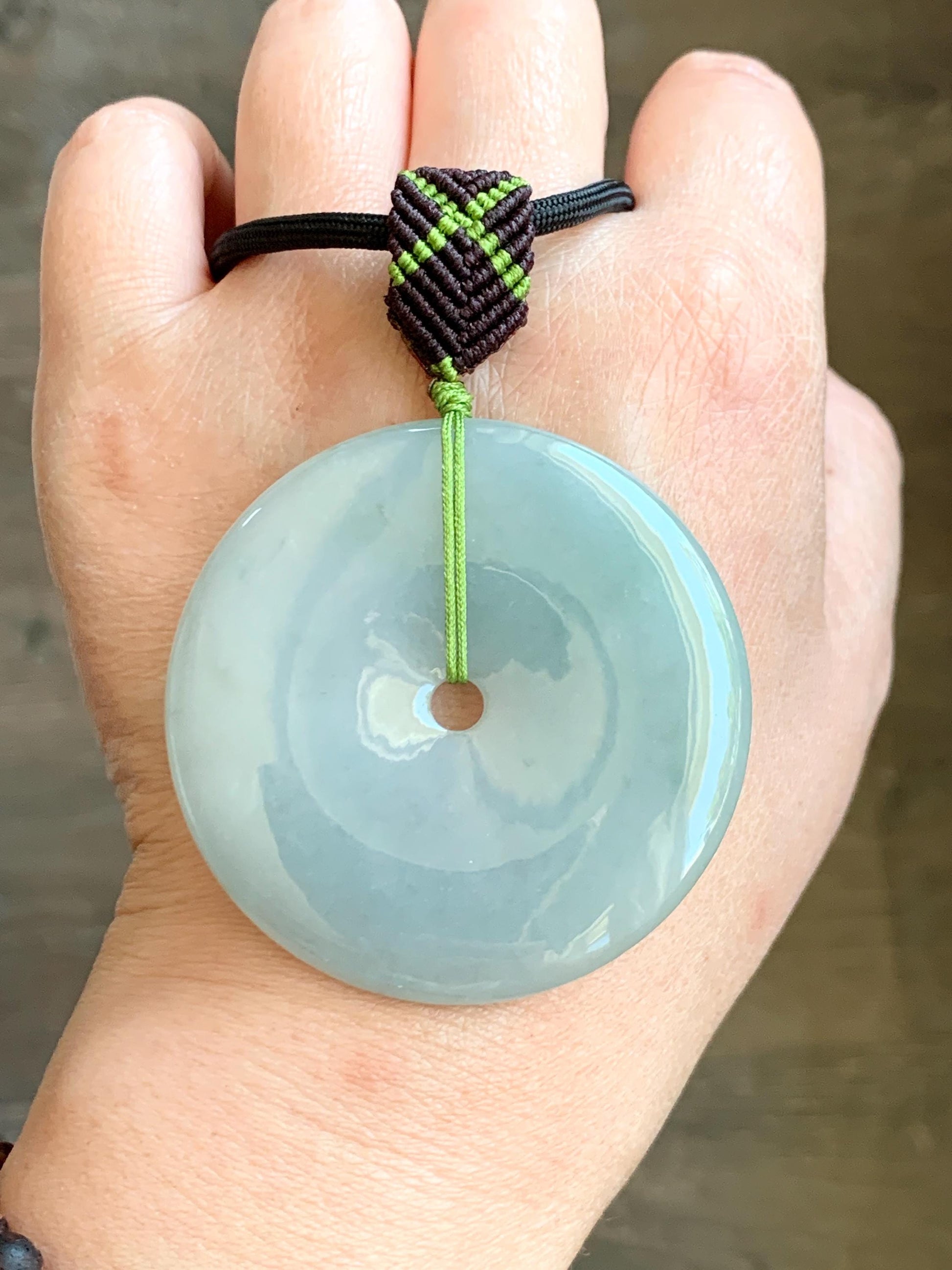 Large Natural Grade A Icy Translucent Pastel Dusty Green Jade Jadeite Ping An Kou Donut Pendant Rope Necklace 25" 49g 天然冰淡晴绿翡翠平安扣吊坠 MDL143