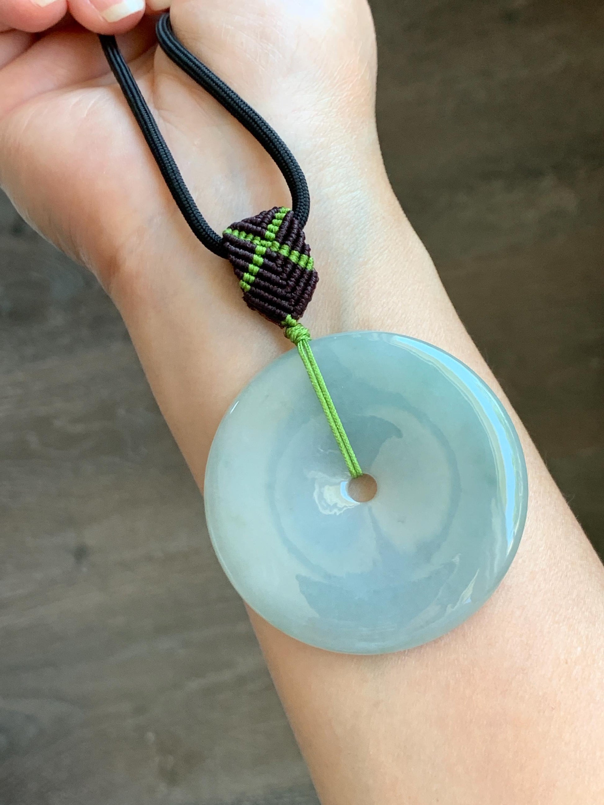 Large Natural Grade A Icy Translucent Pastel Dusty Green Jade Jadeite Ping An Kou Donut Pendant Rope Necklace 25" 49g 天然冰淡晴绿翡翠平安扣吊坠 MDL143