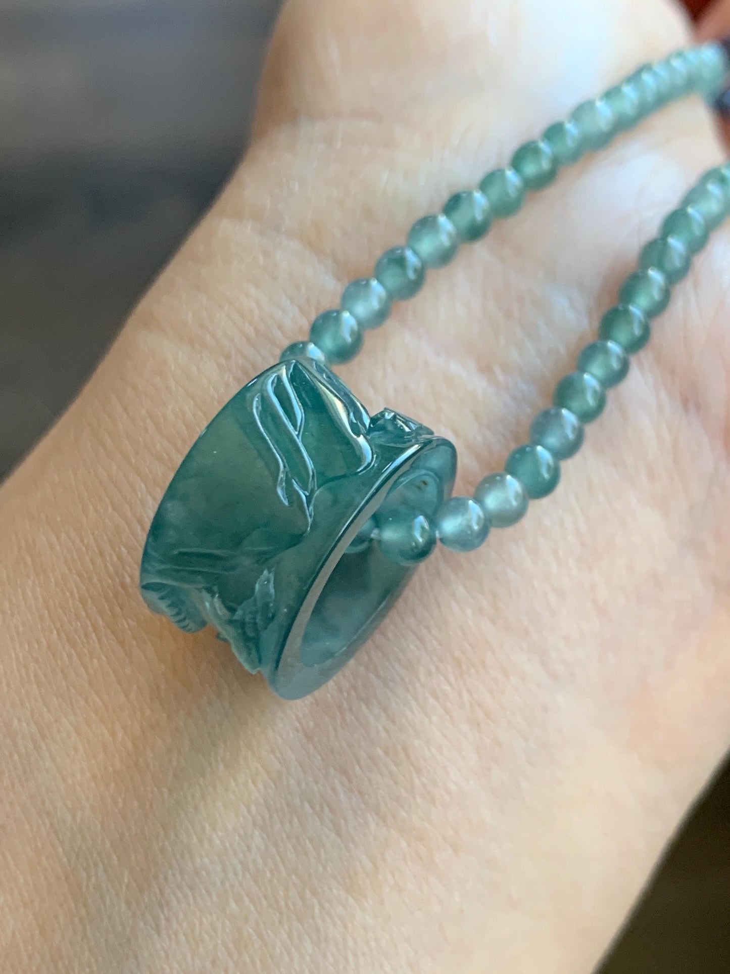 Natural Grade A Guatemalan Icy Highly Translucent Dark Teal Blue Jade Jadeite Engraved Shan Shui Band Ring Pendant 4g 天然冰危深蓝翡翠山水跑环吊坠 WQL66A