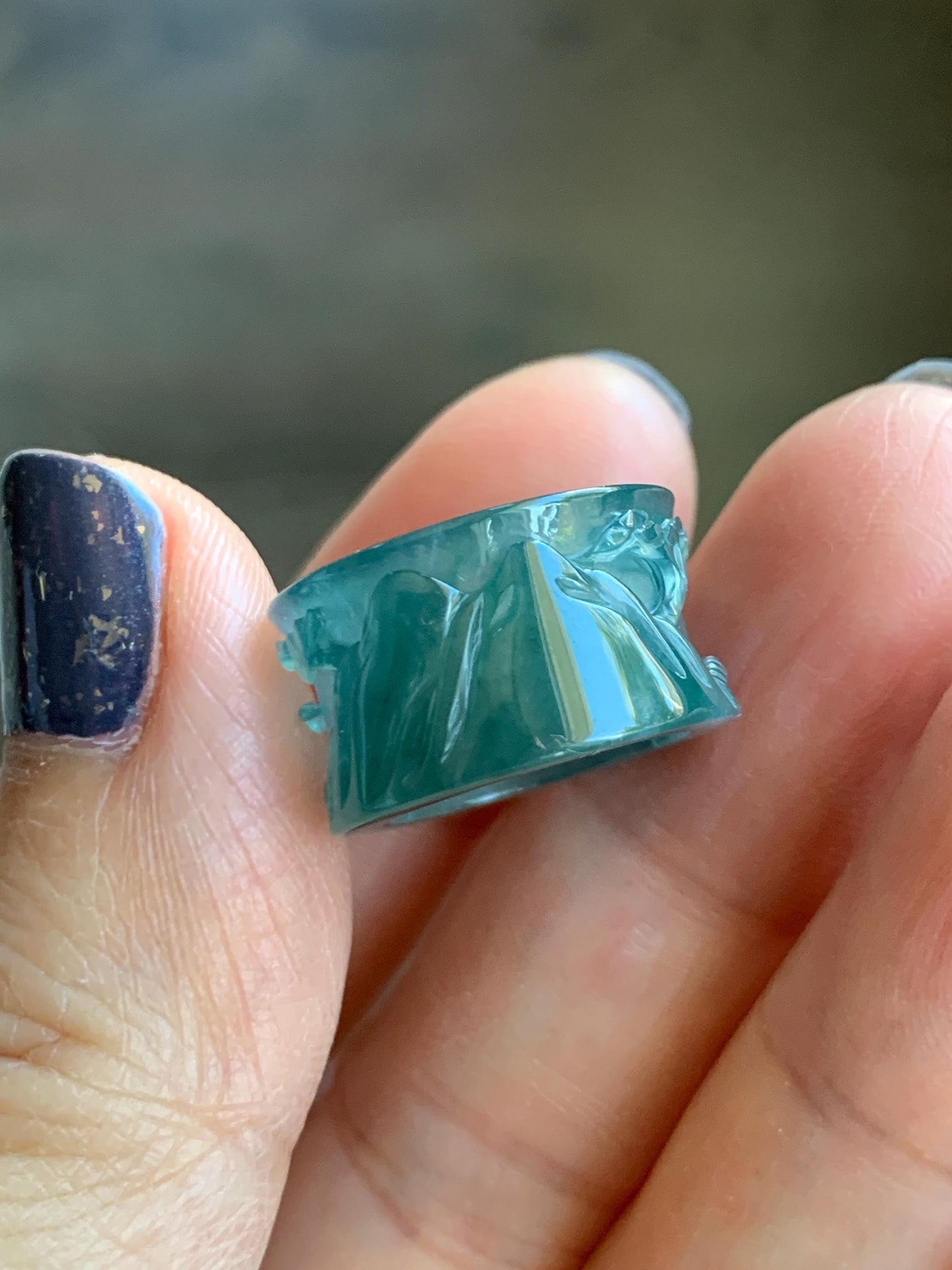 Natural Grade A Guatemalan Icy Highly Translucent Dark Teal Blue Jade Jadeite Engraved Shan Shui Band Ring Pendant 4g 天然冰危深蓝翡翠山水跑环吊坠 WQL66A