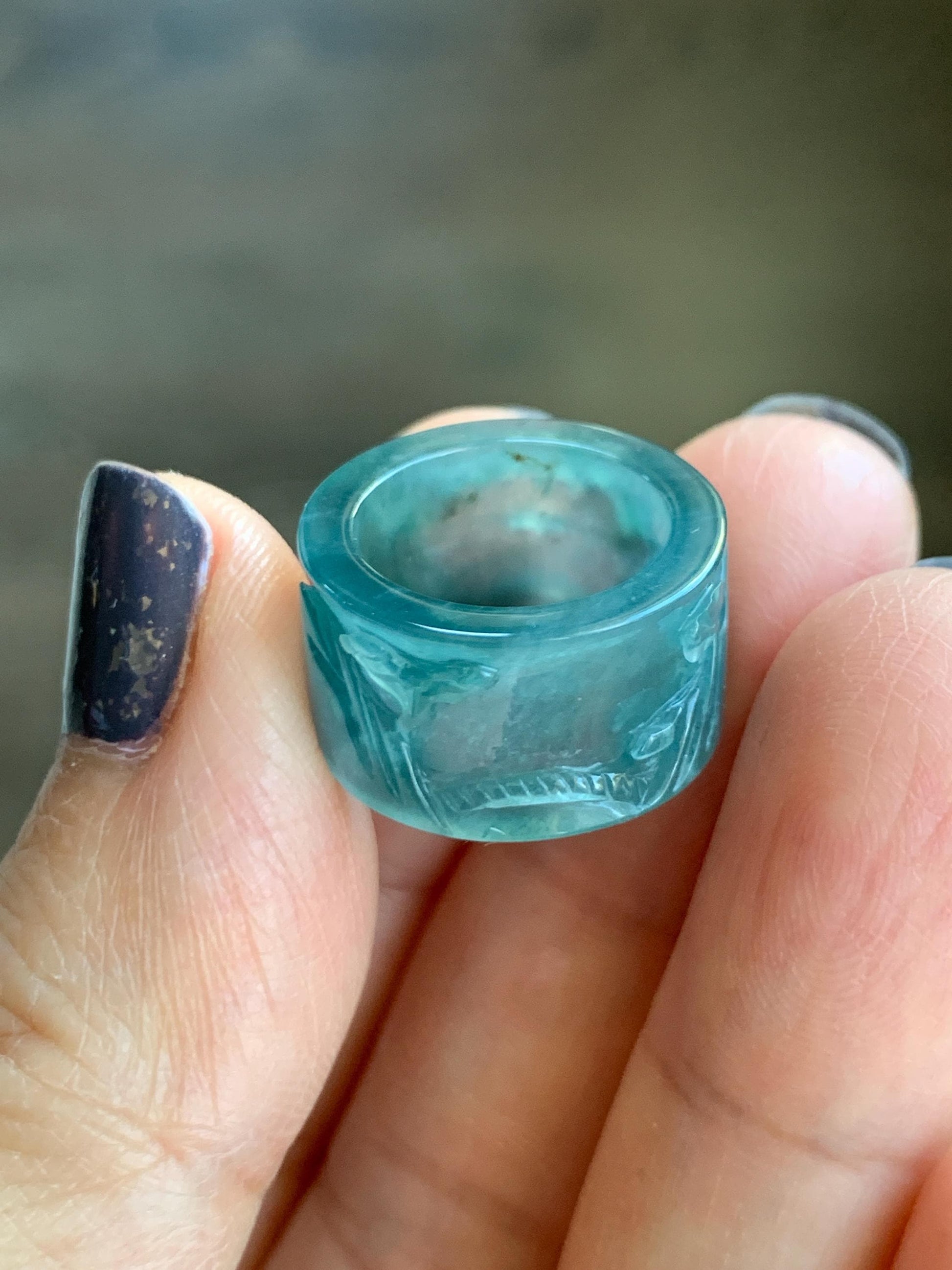 Natural Grade A Guatemalan Icy Highly Translucent Dark Teal Blue Jade Jadeite Engraved Shan Shui Band Ring Pendant 4g 天然冰危深蓝翡翠山水跑环吊坠 WQL66A