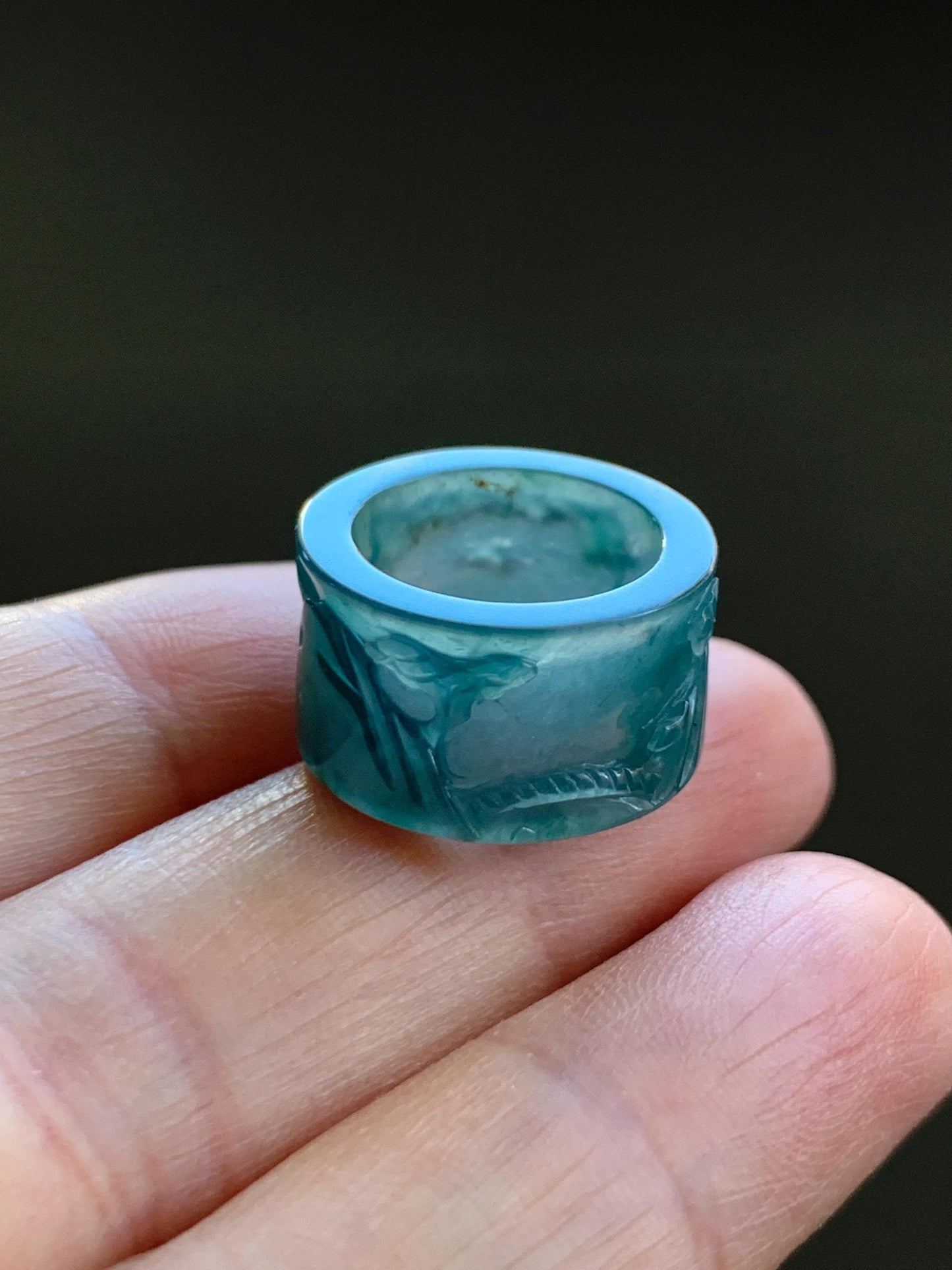 Natural Grade A Guatemalan Icy Highly Translucent Dark Teal Blue Jade Jadeite Engraved Shan Shui Band Ring Pendant 4g 天然冰危深蓝翡翠山水跑环吊坠 WQL66A