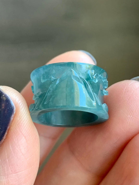 Natural Grade A Guatemalan Icy Highly Translucent Dark Teal Blue Jade Jadeite Engraved Shan Shui Band Ring Pendant 4g 天然冰危深蓝翡翠山水跑环吊坠 WQL66A