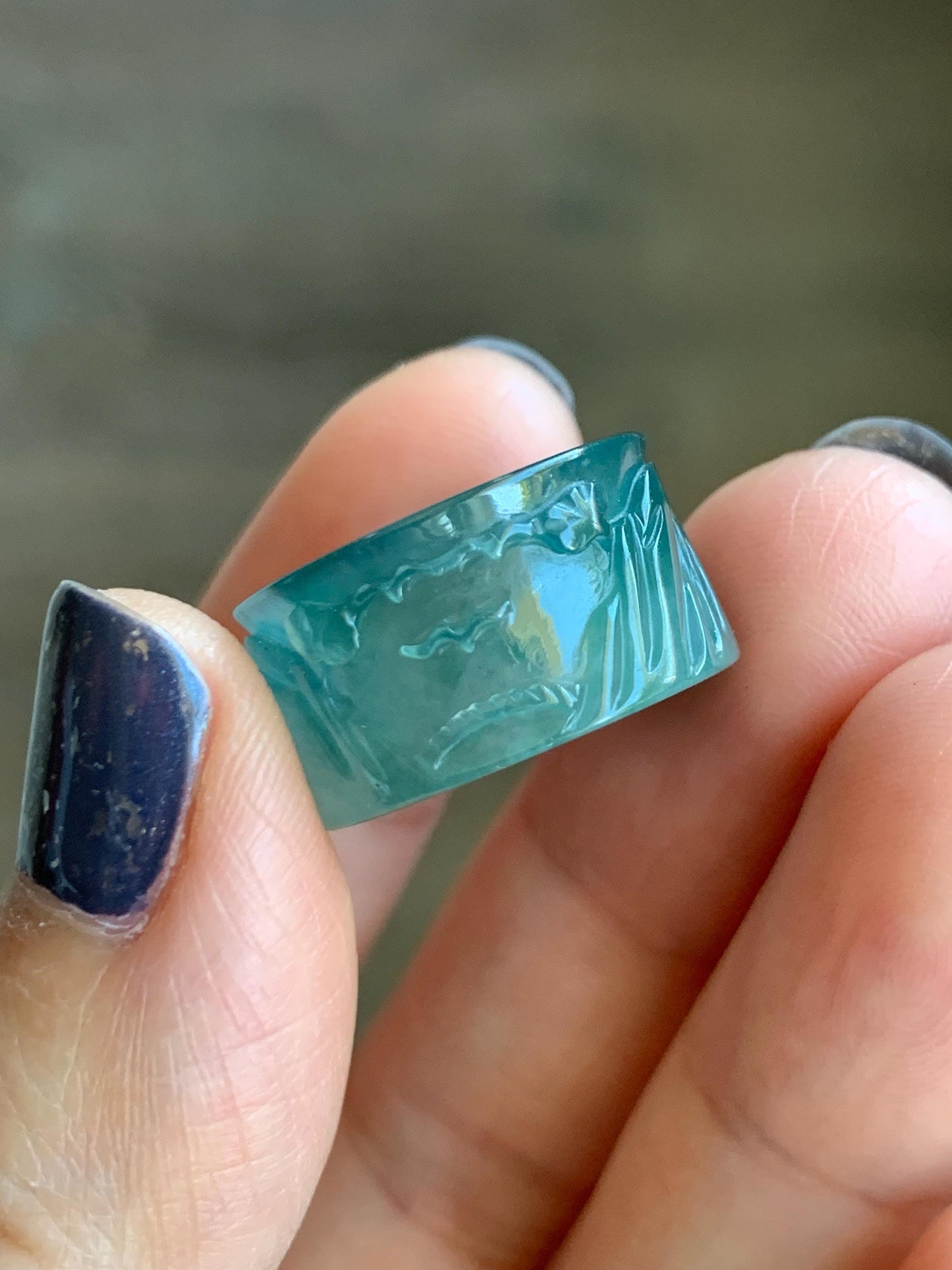 Natural Grade A Guatemalan Icy Highly Translucent Dark Teal Blue Jade Jadeite Engraved Shan Shui Band Ring Pendant 4g 天然冰危深蓝翡翠山水跑环吊坠 WQL66B