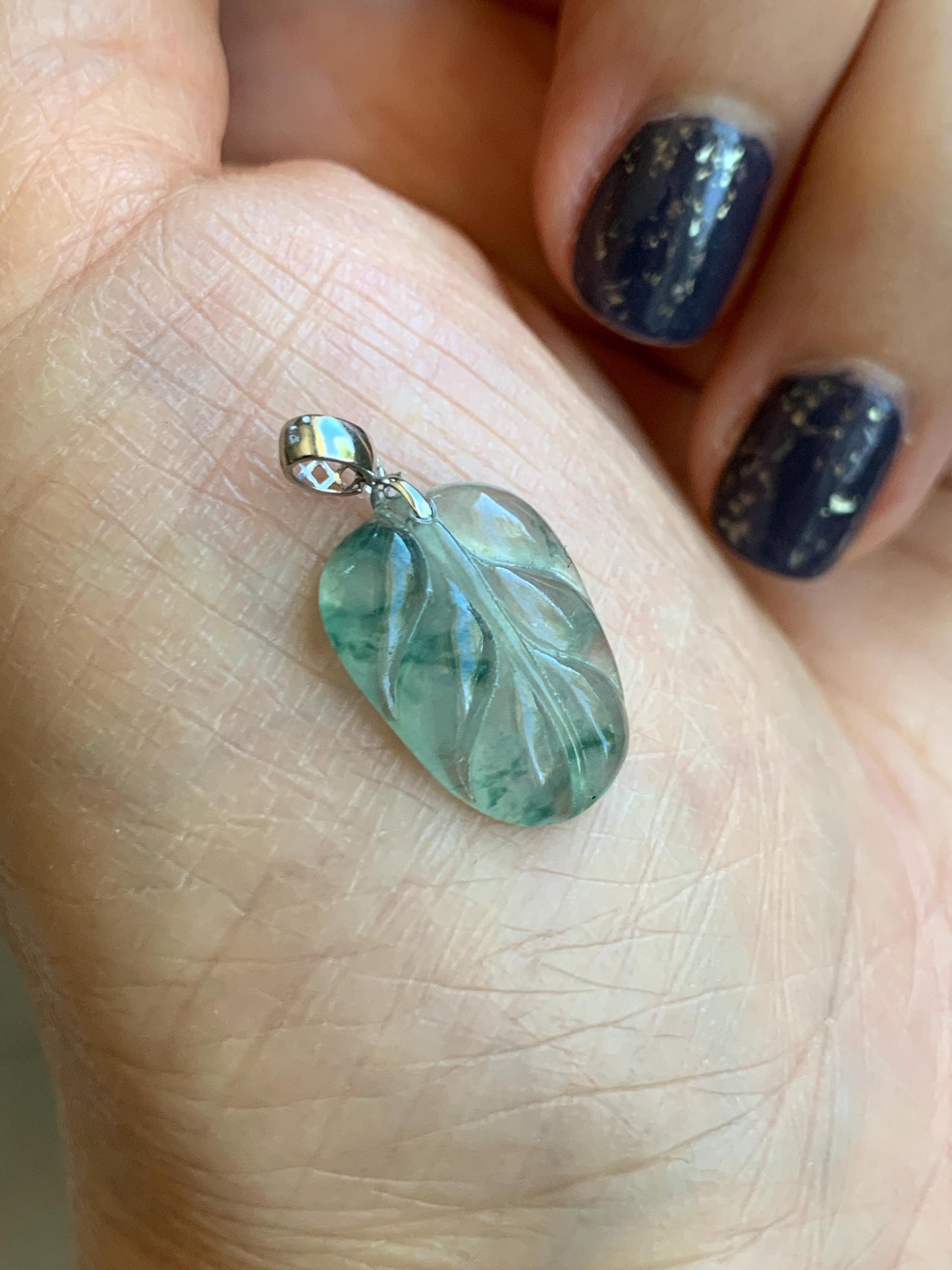Natural Grade A Icy Highly Translucent Light Green Marbled Jade Jadeite Carved Leaf Petite Pendant 18K White Gold 天然冰起光飘花翡翠叶子镶嵌小吊坠 XPY154A