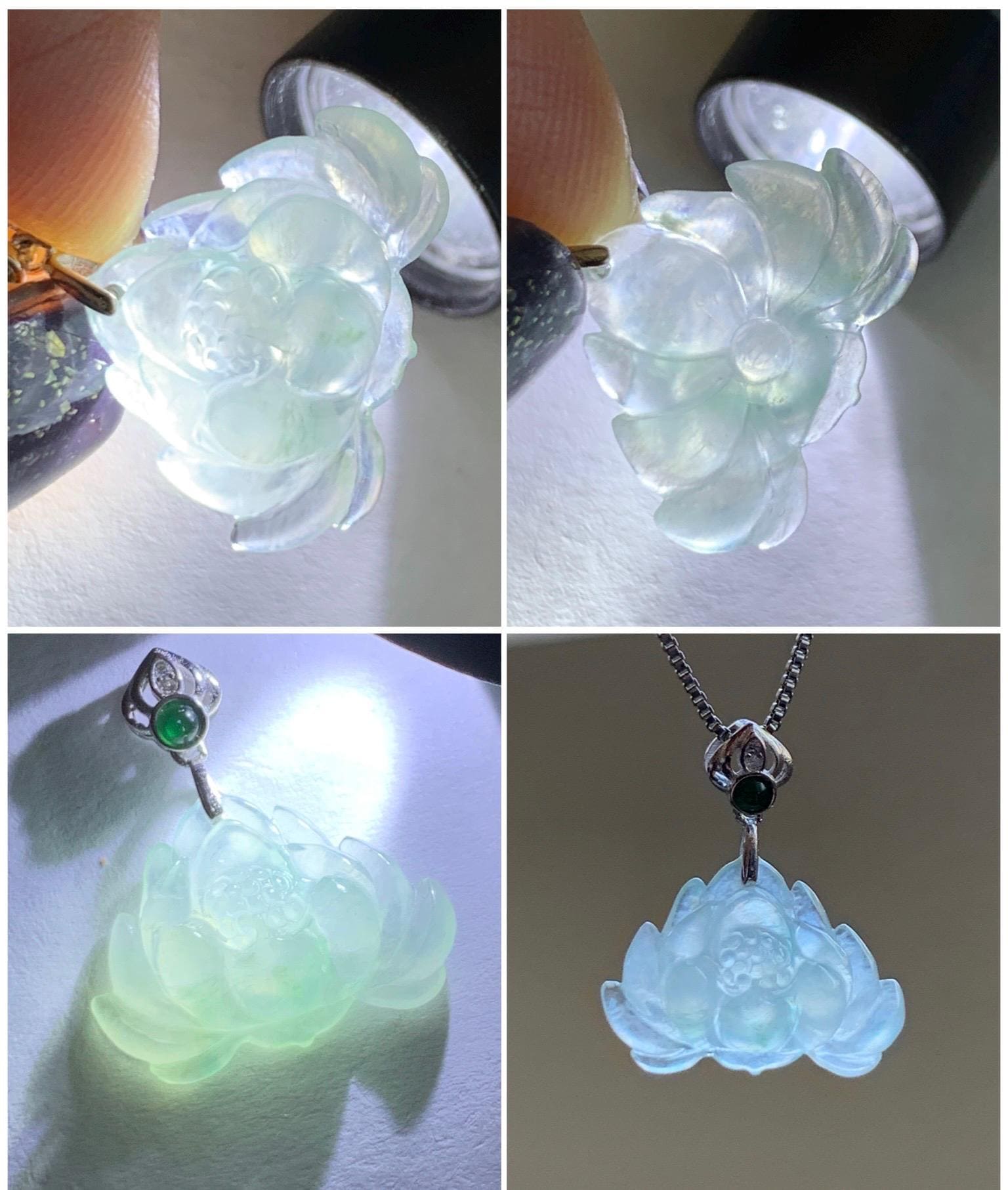 Natural Grade A Icy Highly Translucent Light Green Marbled Jade Jadeite Lotus Flower Petite Pendant Sterling Silver 天然冰晴飘花翡翠迷你莲花镶嵌吊坠 QPM165